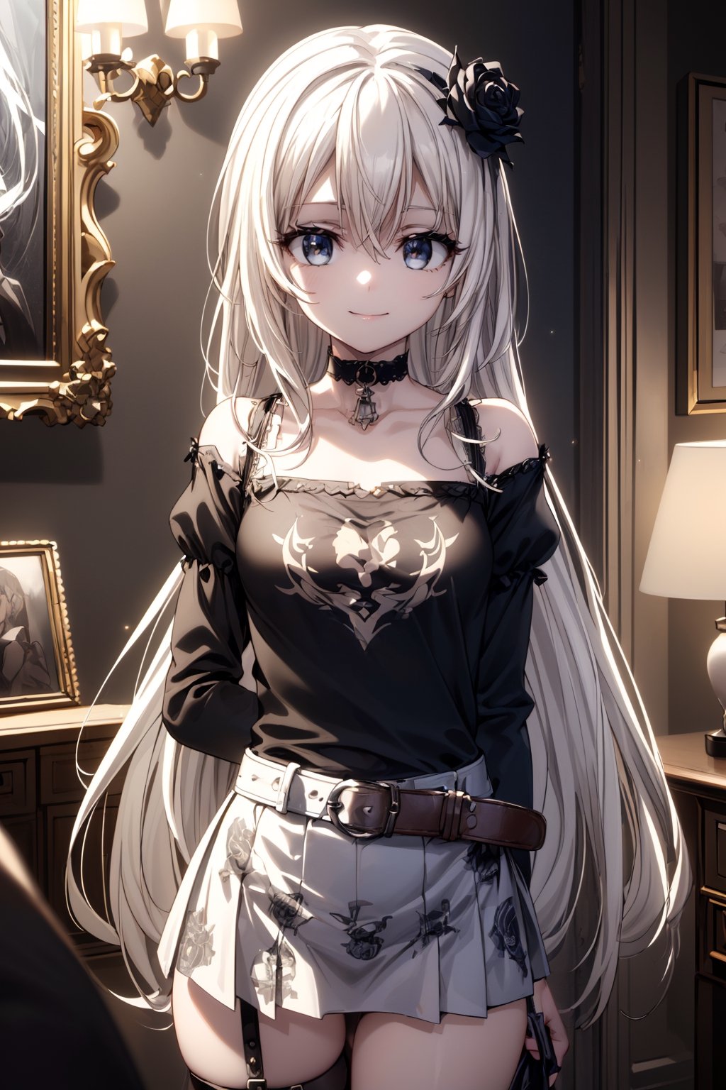 (((Best Quality, Masterpiece, Top Quality, Super Detail, High Resolution, HDR, Unity 8K Wallpaper, High Definition CG, Beautiful Details, Depth, Fine Grain, Super Fine: 1.2, Vibrant)), Style by Epic Seven: 1.3 , Eye Details: 1.3, Break, Long Hairstyle, Shining White Hair: 1.3, Face Details: 1.3, Happy Smile, Accessories, (Super Detailed Y2K Graphic Print Crew Neck T-Shirt, Gothic Long Sleeve Lettuce Trim Top: 1.2 Gal Outfit :1.3) Thin waist, narrow waist, narrow waist, gothic pleated belt skirt: 1.5), Blake, (thin thighs, thin legs), stockings (very detailed): 1.3), Cleavage, Blake, cute pose Change: 1.5, (hands on the sides of the thighs), beautiful, bright colors, light particles: 1.2, incandescent lights, cowboy shots, gothic details, cute gothic living room, change the situation of the room ,luxury,smile