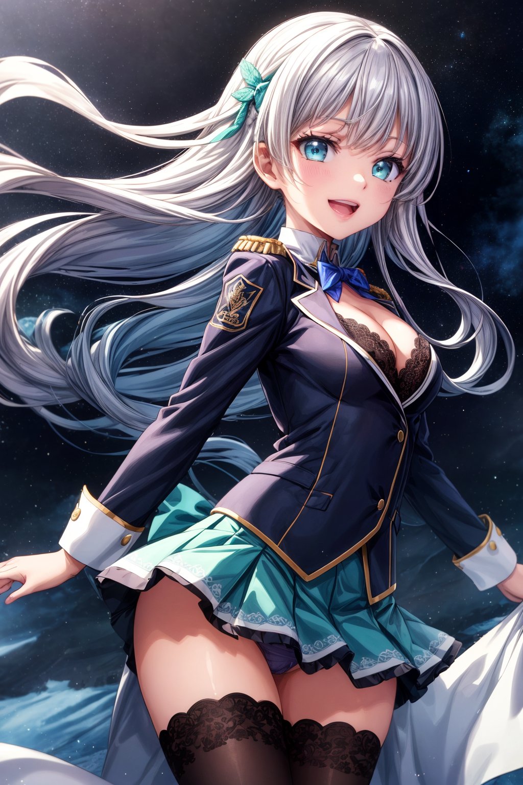 (((Masterpiece, Top Quality, High Resolution))), 16K, Blake. ((StyleofEpicSeven))), Cruel, Space, Cruel, Evil, Eye Detail 1.3, Arms in front, Arms outstretched, Blake, Face Detail, One girl, Hair is a gradient color that changes from soft pink to pastel blue to mint green. Be sure to change your hairstyle: 1.3, Accessories, Elaborate military style ((Idol uniform with white as the main color)). Y2K cosplay uniform look with detailed embroidery and cute design, open mouth, revealing, multi-colored trim and detailed details. Miniskirt with small accents: 1.3, (change mouth movement, Menhera Gothic fashion), thigh gap, (colorful uniform), (StyleofEpicSeven), D-cup cleavage, Blake, very bright colors, light-gathering spirit animals, light particles, glowing light, Mshiff, wallpaper art change, UHD wallpaper, cowboy shot, cute dance change, best smile, evil glow, ((wind blows skirt, cute embroidered lace underwear)) from the side