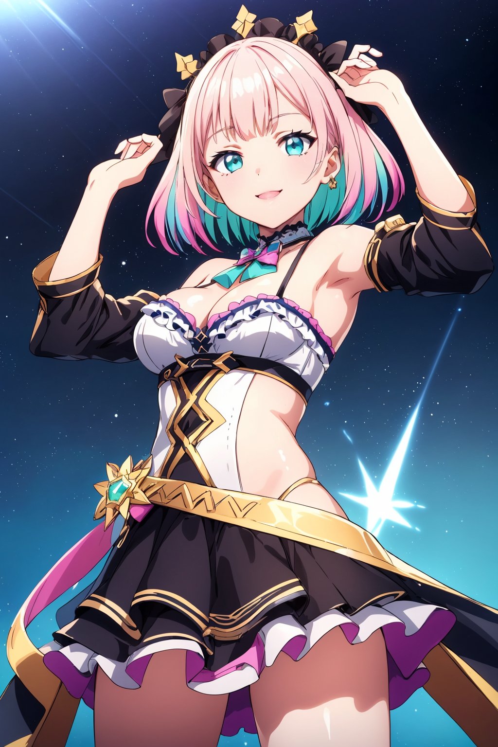 (((masterpiece, highest quality, high resolution))), 16K, Blake. ((Epic Seven style))), cruel, space demon, cruel, evil, eye detail 1.3, Blake, face detail, one girl, hair is a gradient color that changes from soft pink to pastel blue to mint green. Be sure to change the hairstyle: 1.3, accessories, elaborate Vtuber style outfit. ((Vtuber Kochou Noa outfit)) Detailed embroidery and cute design, high exposure, multicolored trim, detailed details. The mini skirt is layered with detailed accents: 1.3, ((Menhera Vtuber fashion)), ((A little bit of the skirt is visible)), (Epic Seven style), D-cup cleavage, Blake, very bright colors, light-gathering spirit animal, light particles, shining light, Mshiff, wallpaper art change, UHD wallpaper, cowboy shot, action pose change, best smile, evil glow.