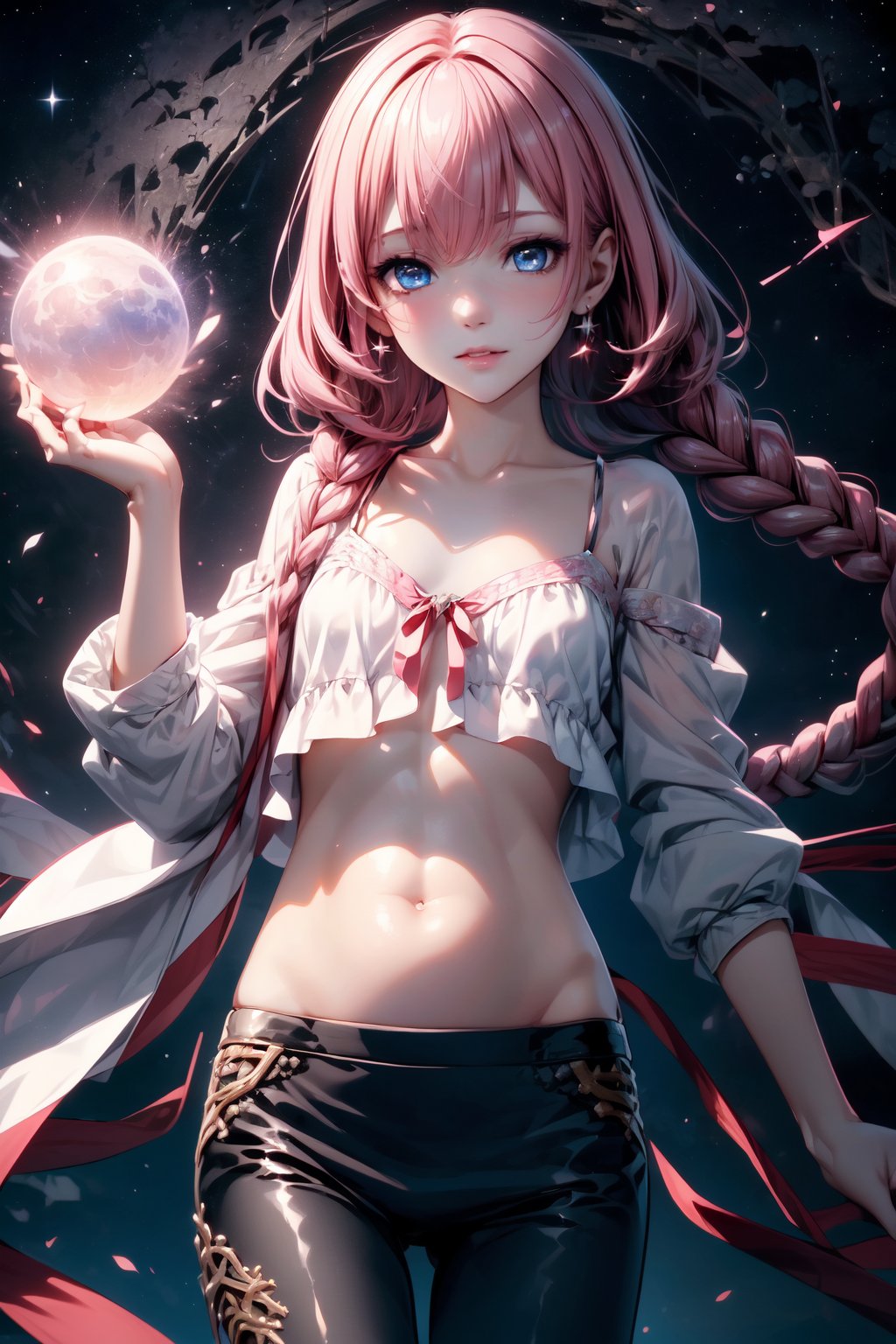 Portrait Art 15。Pink hair。length hair。pleats skirt。camisole。earrings</input></xml>。e7 Darkness, Pink hair, two long thin braids, lender body, Thin, cheeky face, Small breasts,blue eyes, Black pants, white short blouse, showing belly, flat abdomen, Starry Night, under the moon, holding an orb of light, (Maste Piece), Best Quality, high resolution, 4K, 8k, detailed illustration, with intricate details, Cinematic lighting, amazing quality, 1girls, fit female, amazing shading, Soft lighting, facing camera, Perfect eyes