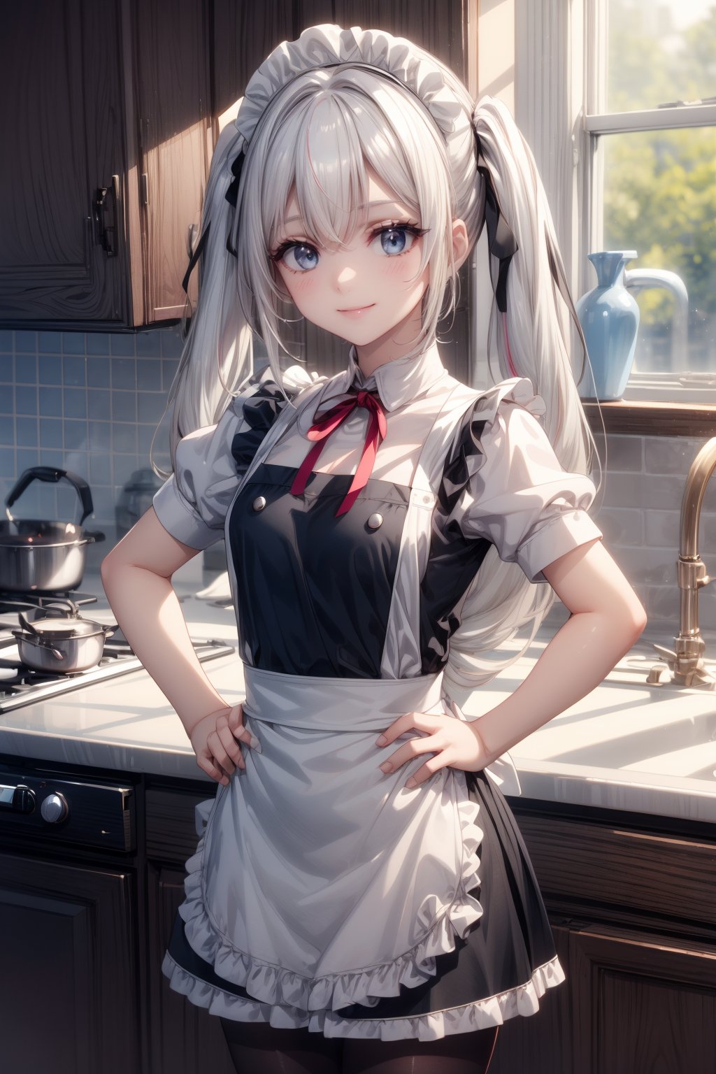 Masterpiece, Best Quality, High Resolution, 1 Girl, Solo, Long Hair, White Hair, Sidelocks, Twintails, Maid Headdress, Gray Eyes, Neck Ribbon, Ruffles, (Vertical Stripes), Blue Mini Dress, Short Sleeves, Apron, Black Pantyhose, Smiling Face, Hands on Hips, Cute Indoors, Kitchen, 1 Girl