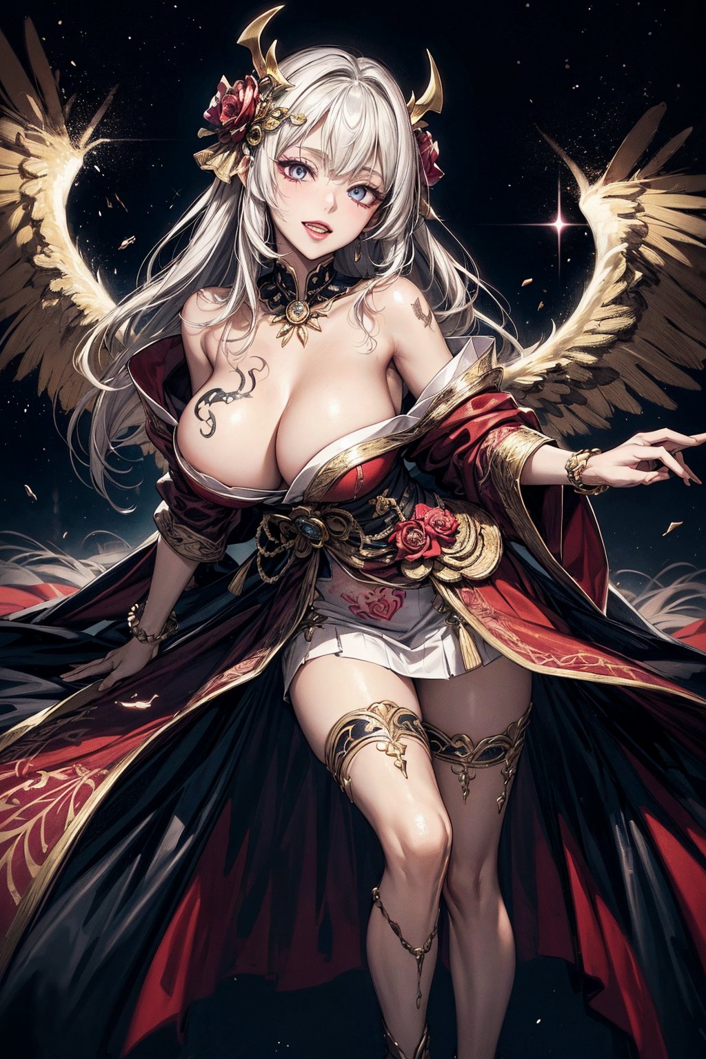 Masterpiece, Top Quality, High Resolution)), 8K, Breach. Cruel, Cosmic Fallen Angel Devil, Cruel, Evil, Fine Eyes:1.3, Breach, Fine Face:1.3, Accessories, (Full Body Tribal Tattoo), Style is Epic Seven:1.3 ((Super Fine Armor Kimono & White Lace Skirt)), ((Up Skirt)), ((Cute Panty Clad)), D Cup cleavage, Breach, creature luminescence, creepy, Re,.HELL SENT, very bright colors, light particles: 1.2, shining light, Mshiff, wallpaper art, inorganic life form, inorganic object made of gold, red and white, UHD wallpaper, cowboy shot, evil glow, evil laugh, Kiana Kasrana yamato, rolopekka, noelledef, outfit-km, purple dress, yaemikodef, monadef, kamisatoyakadef, alexia_olis, arlecchino, phlg