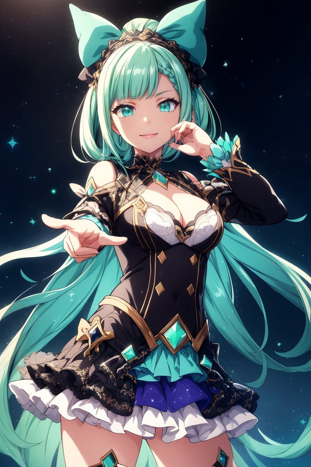 (((masterpiece, highest quality, high resolution))), 16K, Blake. ((Epic Seven style))), cruel, space demon, cruel, evil, eye detail 1.3, Blake, face detail, one girl, hair is a gradient color that changes from soft pink to pastel blue to mint green. Be sure to change the hairstyle: 1.3, accessories, elaborate Vtuber style outfit. ((Vtuber Kochou Noa outfit)) Detailed embroidery and cute design, high exposure, multicolored trim, detailed details. The mini skirt is layered with detailed accents: 1.3, ((Menhera Vtuber fashion)), ((A little bit of the skirt is visible)), (Epic Seven style), D-cup cleavage, Blake, very bright colors, light-gathering spirit animal, light particles, shining light, Mshiff, wallpaper art change, UHD wallpaper, cowboy shot, action pose change, best smile, evil glow.