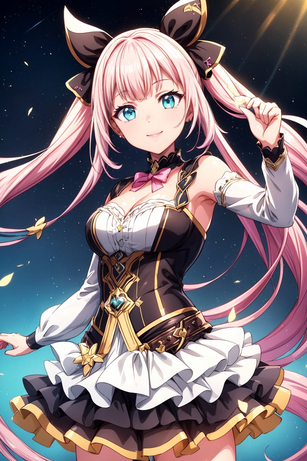 (((masterpiece, highest quality, high resolution))), 16K, Blake. ((Epic Seven style))), cruel, space demon, cruel, evil, eye detail 1.3, Blake, face detail, one girl, hair is a gradient color that changes from soft pink to pastel blue to mint green. Be sure to change the hairstyle: 1.3, accessories, elaborate Vtuber style outfit. ((Vtuber Kochou Noa outfit)) Detailed embroidery and cute design, high exposure, multicolored trim, detailed details. The mini skirt is layered with detailed accents: 1.3, ((Menhera Vtuber fashion)), ((A little bit of the skirt is visible)), (Epic Seven style), D-cup cleavage, Blake, very bright colors, light-gathering spirit animal, light particles, shining light, Mshiff, wallpaper art change, UHD wallpaper, cowboy shot, action pose change, best smile, evil glow.