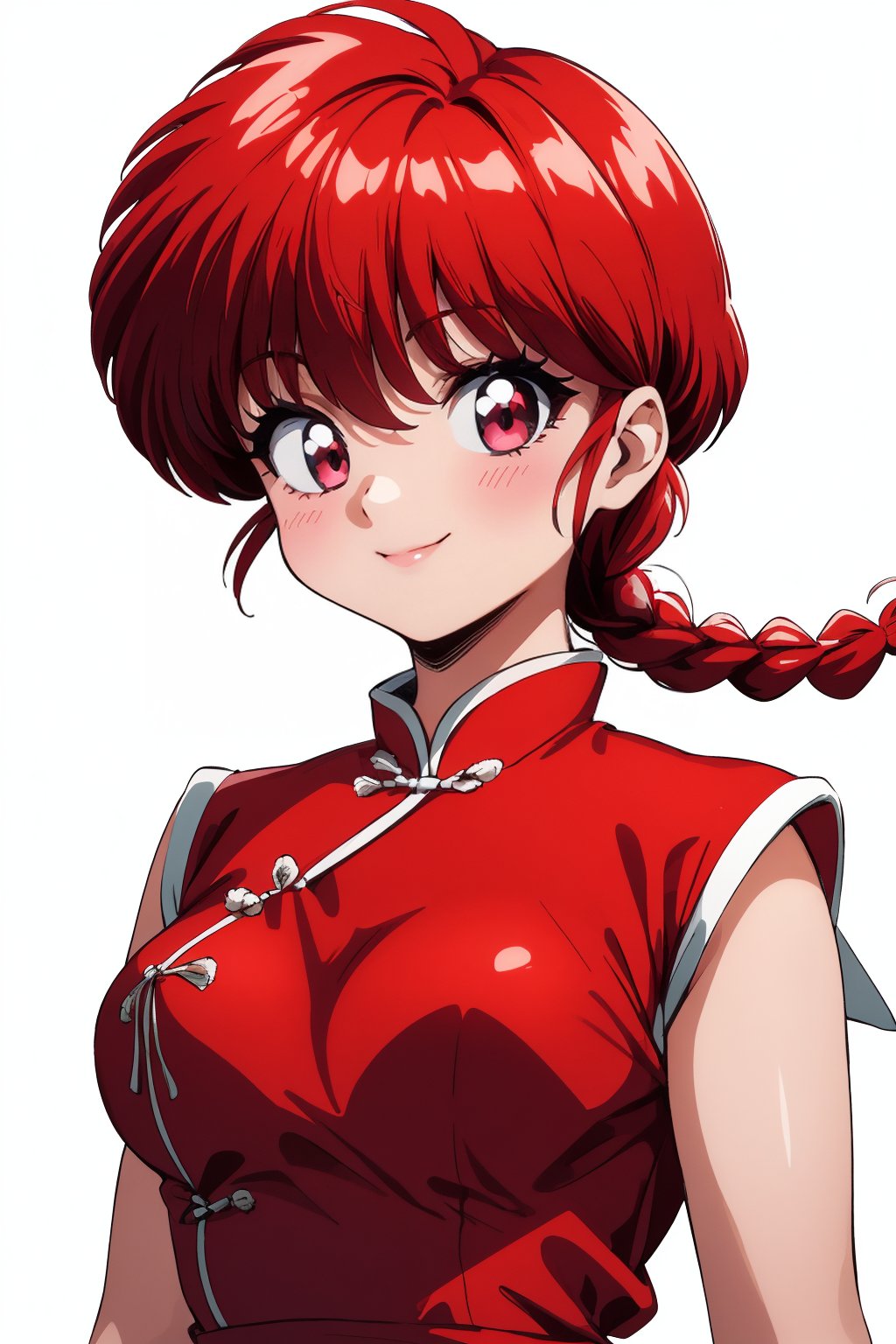 Masterpiece, best quality, high resolution, one girl, smiling, blushing, solo, simple background, big eyes, red eyes, white background, young girl figure, braids, red hair, single braid:.15, Chinese dress, braided ponytail, retro art style, Tang Zhuang, Ranma-chan