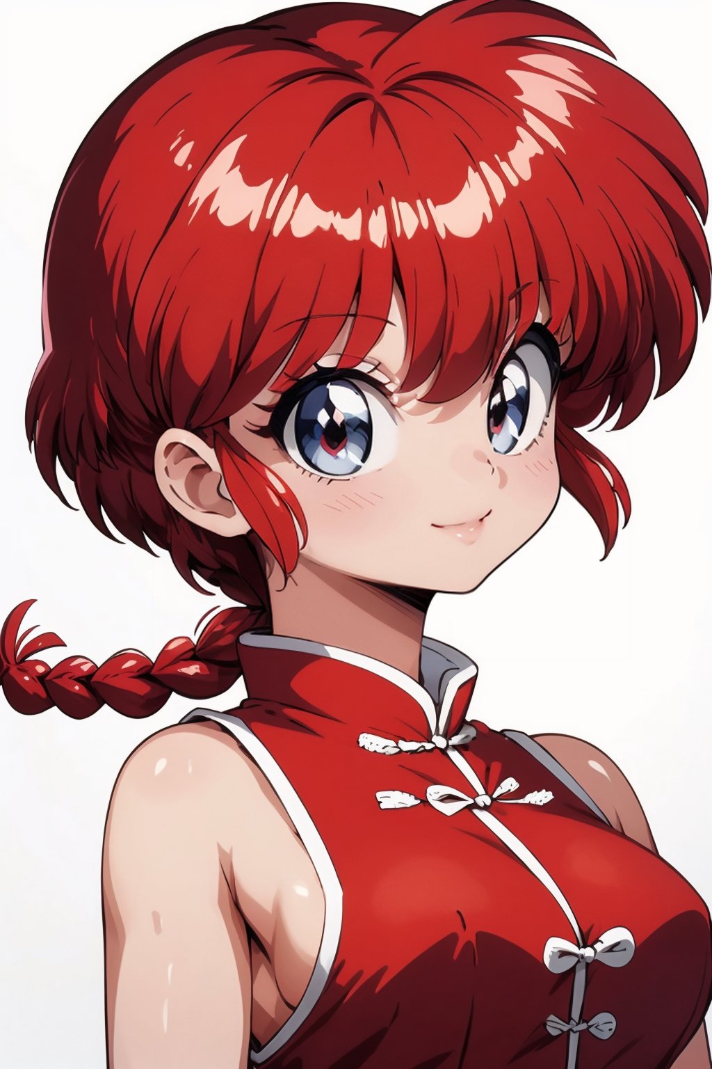 masterpiece, best quality, high resolution, detailed face, single girl, smiling face, solo, simple background, big eyes, red eyes: 1.5, white background, young girl figure, braids, red hair, single braid: .15, cheongsam, braided ponytail, retro art style, Tang Zhuang, Ranma-chan