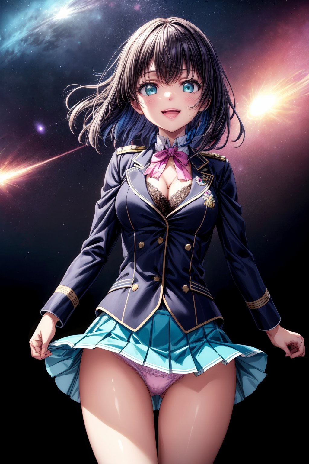 (((Masterpiece, Top Quality, High Resolution))), 16K, Blake. ((StyleofEpicSeven))), Cruel, Space, Cruel, Evil, Eye Detail 1.3, Arms in front, Arms outstretched, Blake, Face Detail, One girl, Hair is a gradient color that changes from soft pink to pastel blue to mint green. Be sure to change your hairstyle: 1.3, Accessories, Elaborate military style ((Uniform uniform with white as the main color)). Y2K cosplay uniform look with detailed embroidery and cute design, open mouth, revealing, multi-colored trim and detailed details. Miniskirt with small accents: 1.3, (change mouth movement, Menhera Gothic fashion), thigh gap, (colorful uniform), (StyleofEpicSeven), D-cup cleavage, Blake, very bright colors, light-gathering spirit animals, light particles, glowing light, Mshiff, wallpaper art change, UHD wallpaper, cowboy shot, cute dance change, best smile, evil glow, ((wind blows skirt, cute embroidered lace underwear)) from the side