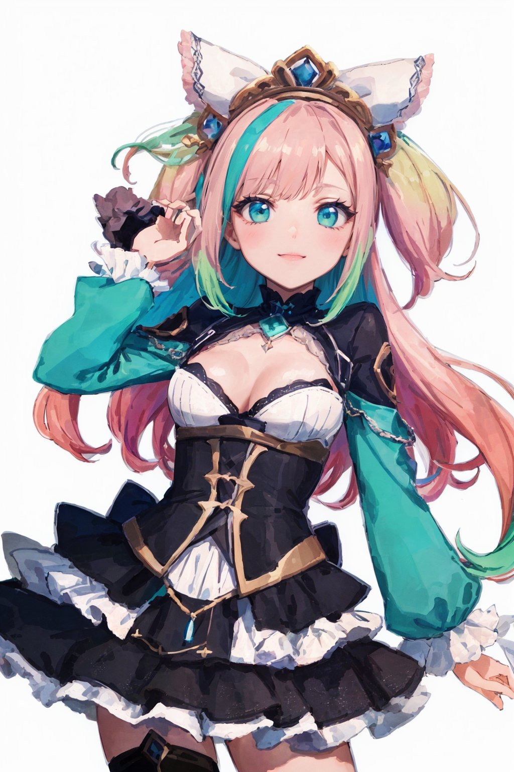 (((masterpiece, highest quality, high resolution))), 16K, Blake. ((Epic Seven style))), cruel, space demon, cruel, evil, eye detail 1.3, Blake, face detail, one girl, hair is a gradient color that changes from soft pink to pastel blue to mint green. Be sure to change the hairstyle: 1.3, accessories, elaborate Vtuber style outfit. ((Vtuber Kochou Noa outfit)) Detailed embroidery and cute design, high exposure, multicolored trim, detailed details. The mini skirt is layered with detailed accents: 1.3, ((Menhera Vtuber fashion)), ((A little bit of the skirt is visible)), (Epic Seven style), D-cup cleavage, Blake, very bright colors, light-gathering spirit animal, light particles, shining light, Mshiff, wallpaper art change, UHD wallpaper, cowboy shot, action pose change, best smile, evil glow.