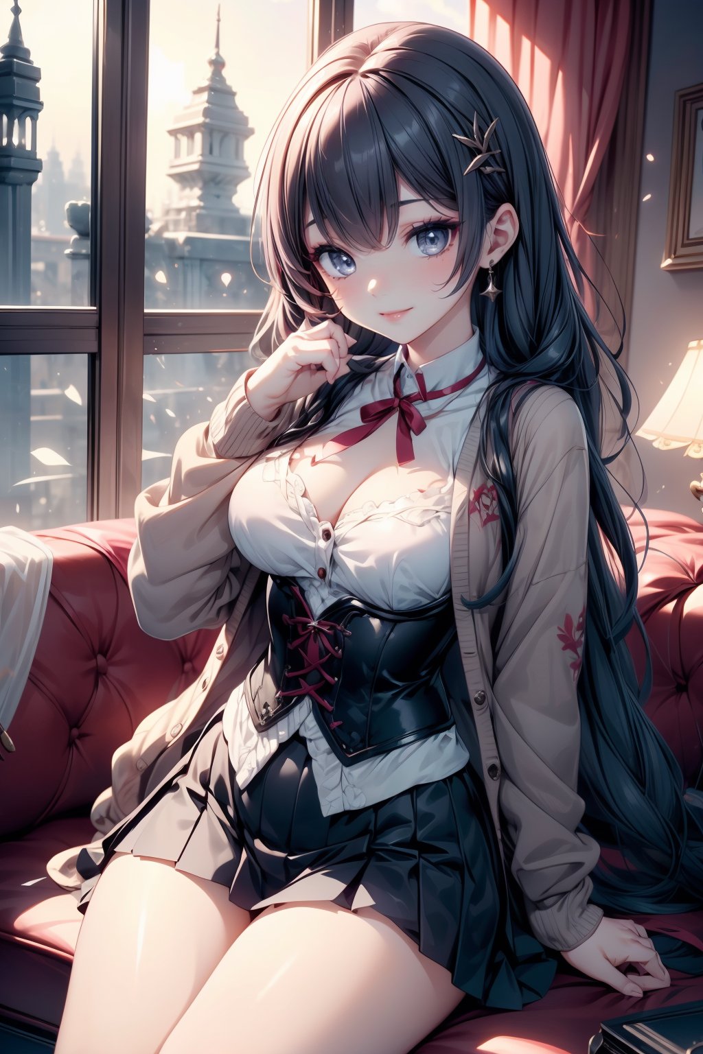 (Top Quality, Masterpiece, Top Quality, Super Detail, High Resolution, HDR, Unity 8K Wallpaper, High Definition CG, Beautiful Details, Depth, Fine Grain, Super Fine, Vivid)), Style by Epic Seven, Detailed Eyes, Dark Gray eyes, hair accessories, break, shining black hair, super long hair, high resolution hair, cutely arranged long hair, facial details, pink lip, (happy smile), accessories, ((Y2K uniform)), ((cardigan)), Y2K Gothic Cardigan, ((Detailed Embroidered Corset Tops)), Blake, ((Pleated Mini Skirt)), (Stocking Details), D Cup, Blake, Cute Pose Change, Very Bright Colors, Light Particles, Shining Lights , cowboy shots, detailed gothic room, cute sofa sit, additional details, y2k cosplay, 1 girl