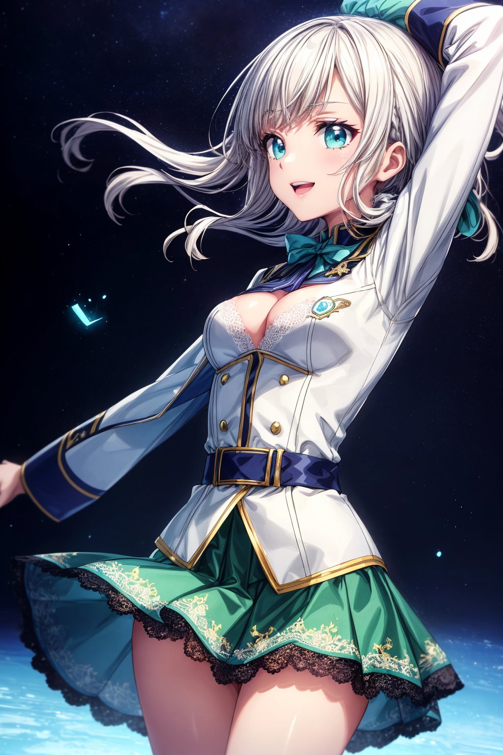 (((Masterpiece, Top Quality, High Resolution))), 16K, Blake. ((StyleofEpicSeven))), Cruel, Space, Cruel, Evil, Eye Detail 1.3, Arms in front, Arms outstretched, Blake, Face Detail, One girl, Hair is a gradient color that changes from soft pink to pastel blue to mint green. Be sure to change your hairstyle: 1.3, Accessories, Elaborate military style ((Uniform uniform with white as the main color)). Y2K cosplay uniform look with detailed embroidery and cute design, open mouth, revealing, multi-colored trim and detailed details. Miniskirt with small accents: 1.3, (change mouth movement, Menhera Gothic fashion), thigh gap, (colorful uniform), (StyleofEpicSeven), D-cup cleavage, Blake, very bright colors, light-gathering spirit animals, light particles, glowing light, Mshiff, wallpaper art change, UHD wallpaper, cowboy shot, cute dance change, best smile, evil glow, ((wind blows skirt, cute embroidered lace underwear)) from the side