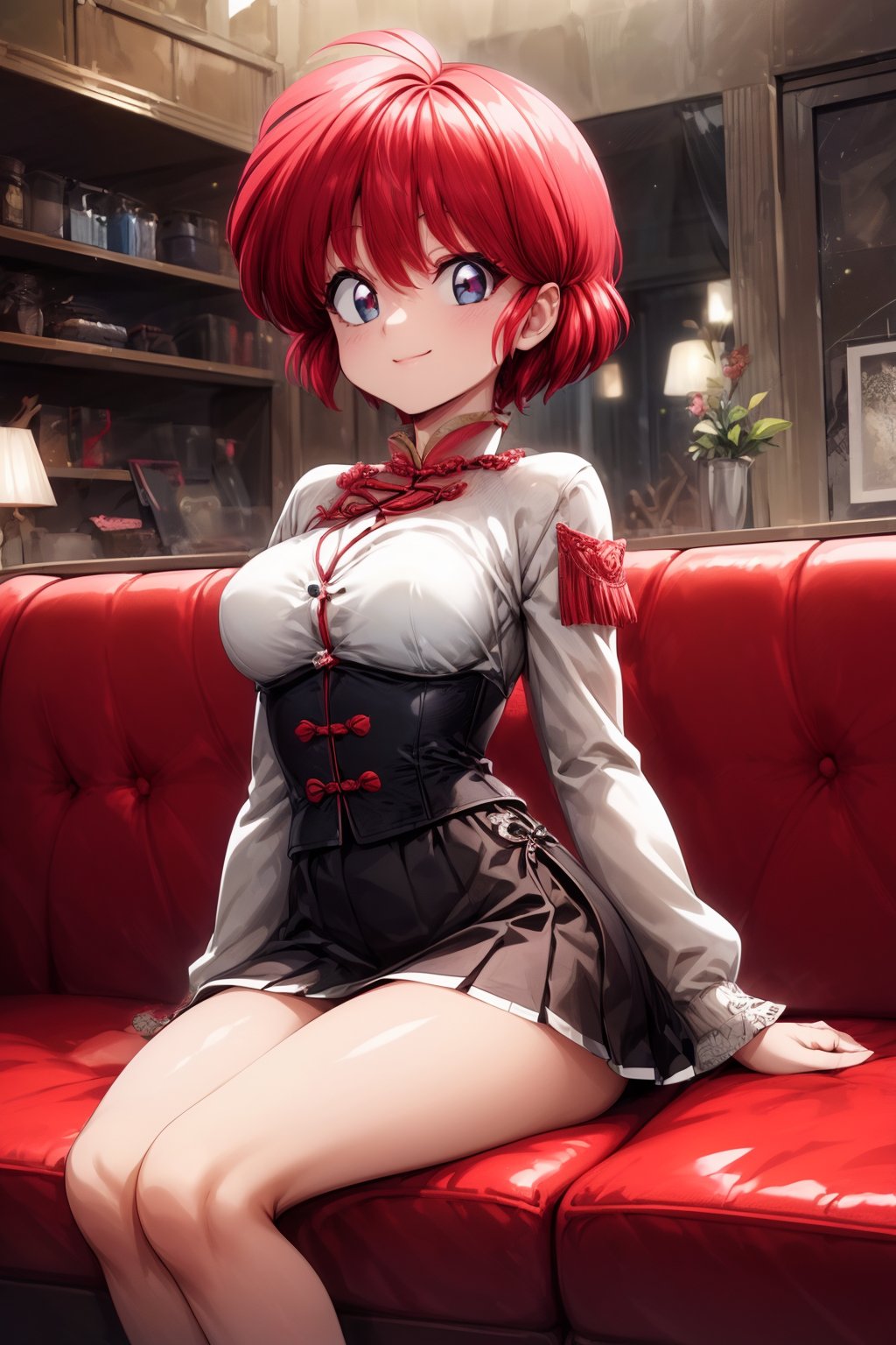 (Top quality, masterpiece, best quality, super detailed, high resolution, HDR, Unity 8K wallpaper, high resolution CG, beautiful details, depth, fine grain, super fine, vivid)), style by Epic Seven, detailed eyes, red eyes, big eyes, Blake, shiny red hair, single braid, high resolution hair, facial details, (happy smile), accessories, ((Y2K uniform)), ((cardigan)), Y2K gothic cardigan, ((detailed embroidered corset top)), Blake, ((pleated mini skirt)), (stocking details), D cup, Blake, cute pose change, very bright colors, light particles, glowing lights, cowboy shot, detailed gothic room, cute sofa sit, extra details, y2k cosplay, 1 girl, Ranma-chan