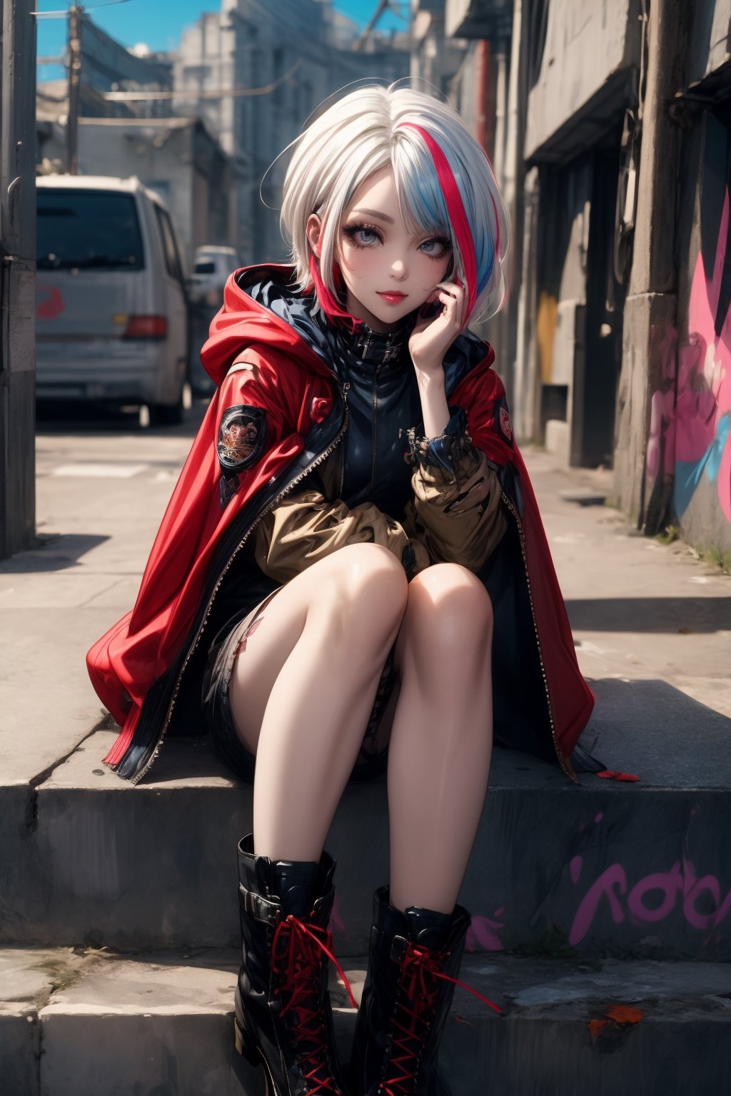 A punk rock version of Snow White. Her outfit is a rebellious fusion of avant-garde fashion. (Standing: 1.2), red cape with hood and ripped mesh details, adorned with punk-inspired patches and brooches. (White Skin), fair skin, nose piercing, different hair colors, hairstyle changes, more patches, dirty and torn anti-union spiked leather jacket, hardcore punk style jacket, foot tattoos, night city, slums, pose changes, model shoot, different angle shots, punk badge, combat boots tied to feet, Rebellin, Dal, emo orange, ct-niji2, Dal, different hair colors, extra details, graffiti art on wallpaper, moon, smoke, ((taking pictures with black kids))