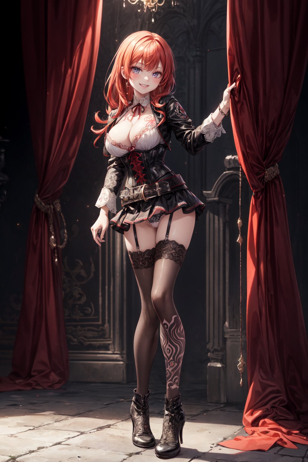 ((Top Quality, Masterpiece, Top Quality, Super Fine, High Resolution, HDR, Unity 8K Wallpaper, High Resolution CG, Beautiful Details, Depth, Subtlety, Super Fine, Vitality)), (Style by EpicSeven ) Eye detail, Break, Face detail, Shining red hair, Arm detail, 4 thumb joints, Beautiful legs, Happy smile, Accessories, (Full body tribal tattoo), ((Costume details) ) ) ) ), ((Riders jacket details, (Riders jacket embroidery details), Break, (Inner gothic corset check)), Break ((Pleated miniskirt)), (Gothic belt), Break, (Extra (Ed.) Sheer) Stockings)), D-cup cleavage, Break, Very bright colored particles, Shining light, (Very bright colored particles)), Close-up, Slightly dim lighting, Orange Colored Lighting, Gothic Room, Blake, (Cute and Sweet Pose Change), Blake, Staring and Laughing, (High-Class Gothic Room), (Gothic Boots), Detailed String Panties, Blake, (Detailed Web Tights) ), break, girl , black curtains closed, morning scenery