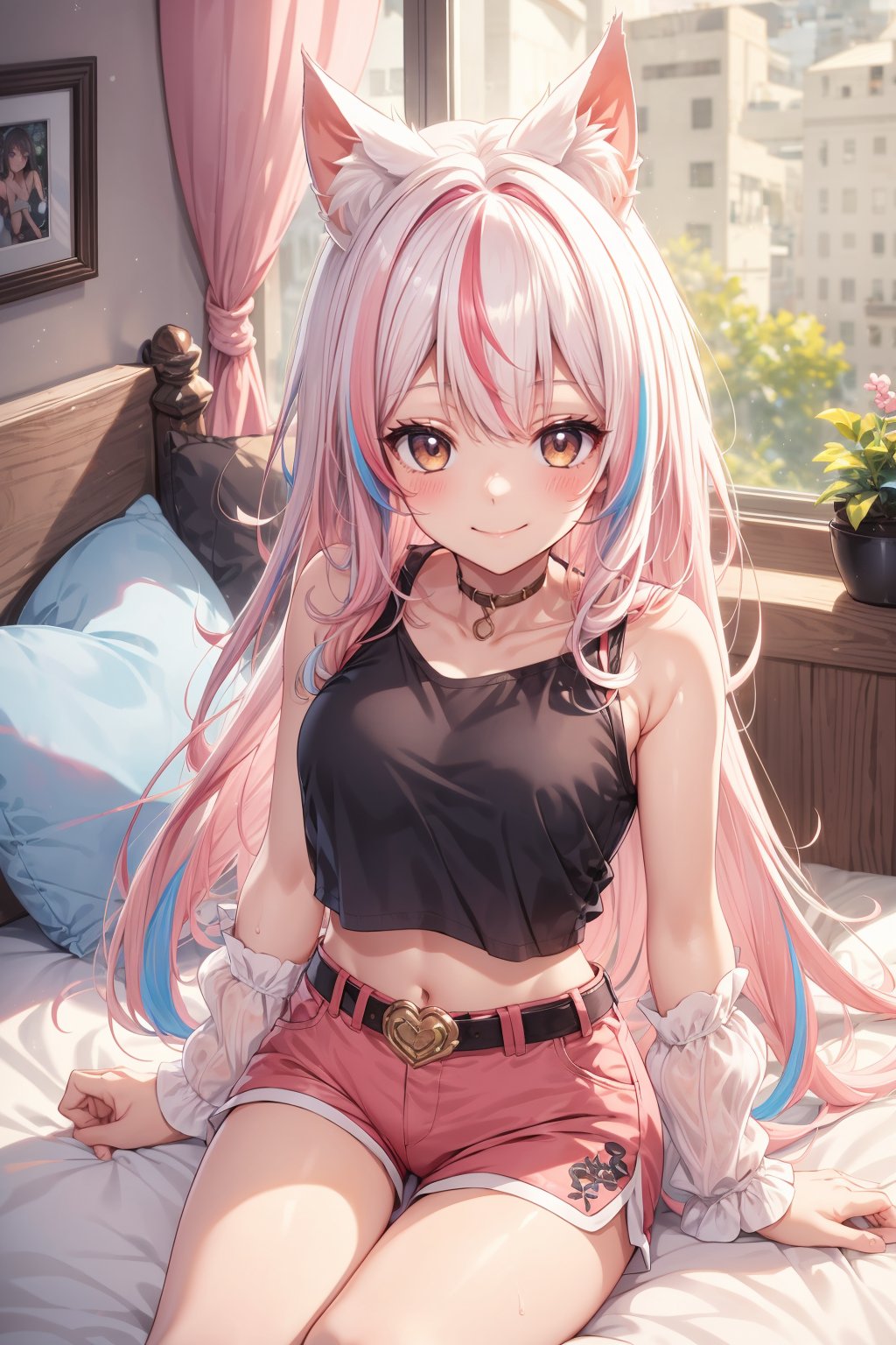 1girl, solo, long hair, breasts, looking at viewer, blush, smile, bangs, shirt, black hair, animal ears, bare shoulders, brown eyes, medium breasts, sitting, very long hair, closed mouth, collarbone, pink hair, purple hair, white hair, thighs, multicolored hair, shorts, sleeveless, belt, indoors, off shoulder, two-tone hair, animal ear fluff, pillow, black shirt, short shorts, window, sleeveless shirt, bed, on bed, tank top, red shorts, pink shorts