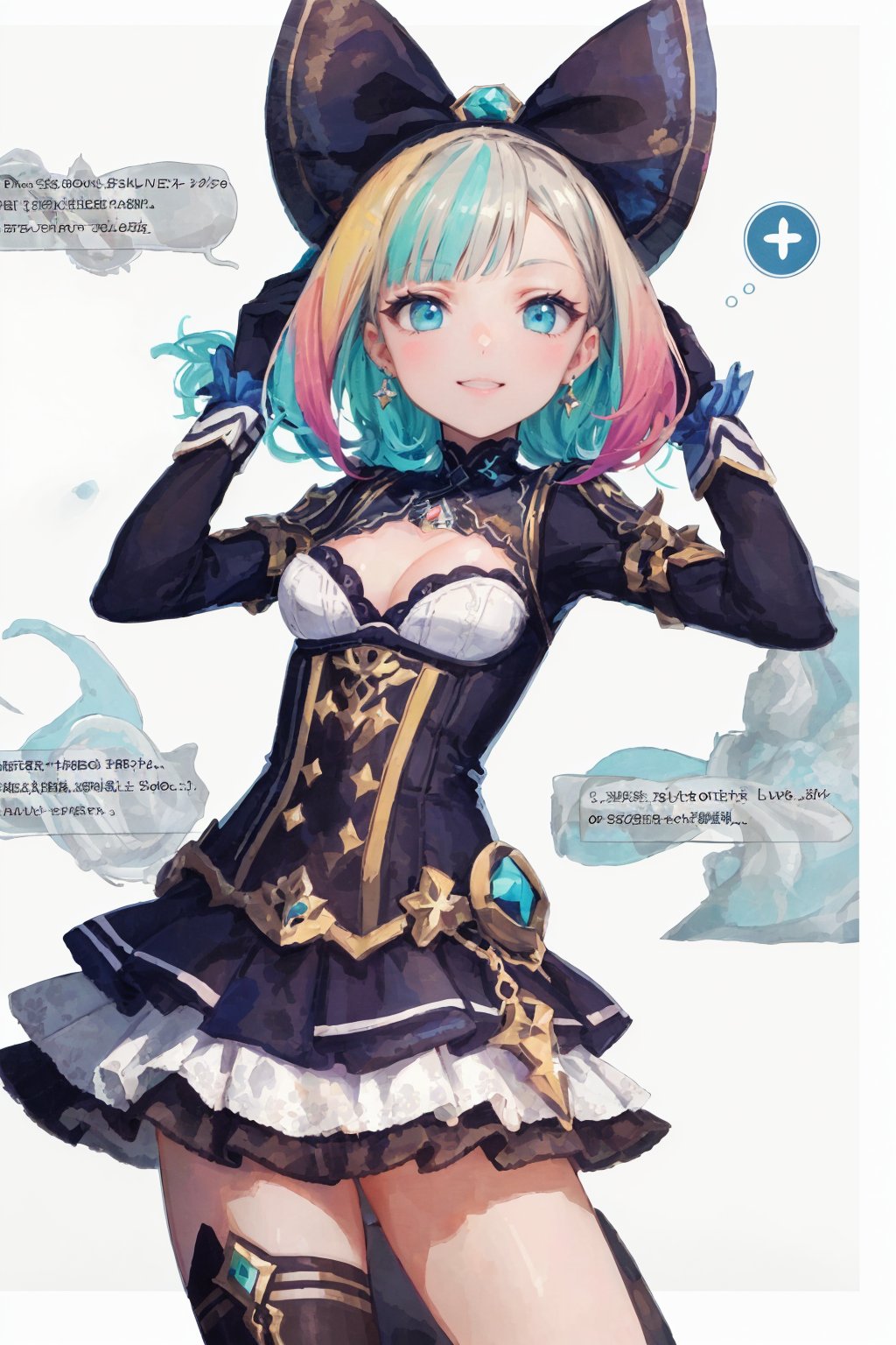 (((masterpiece, highest quality, high resolution))), 16K, Blake. ((Epic Seven style))), cruel, space demon, cruel, evil, eye detail 1.3, Blake, face detail, one girl, hair is a gradient color that changes from soft pink to pastel blue to mint green. Be sure to change the hairstyle: 1.3, accessories, elaborate Vtuber style outfit. ((Vtuber Kochou Noa outfit)) Detailed embroidery and cute design, high exposure, multicolored trim, detailed details. The mini skirt is layered with detailed accents: 1.3, ((Menhera Vtuber fashion)), ((A little bit of the skirt is visible)), (Epic Seven style), D-cup cleavage, Blake, very bright colors, light-gathering spirit animal, light particles, shining light, Mshiff, wallpaper art change, UHD wallpaper, cowboy shot, action pose change, best smile, evil glow.