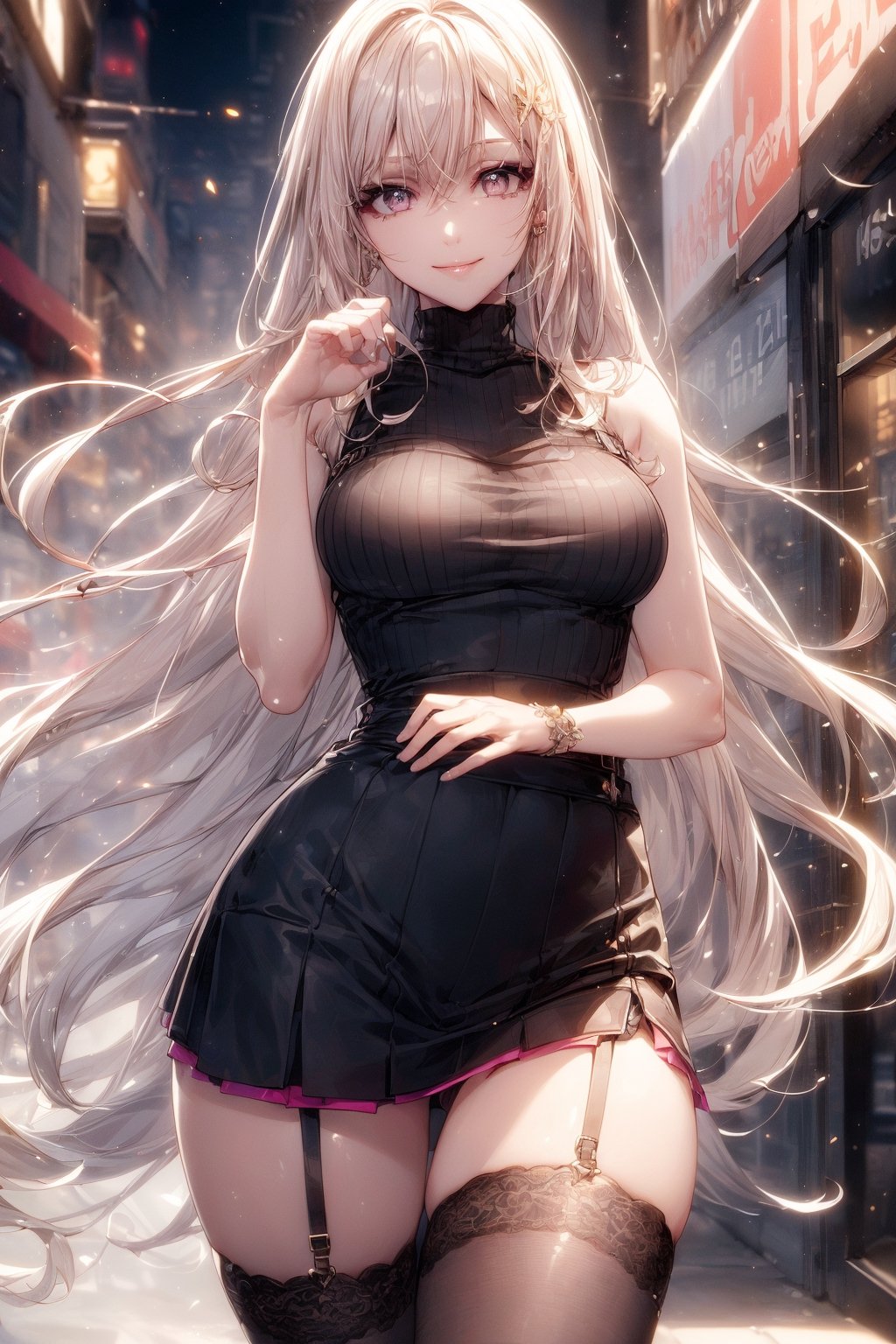 ((Best Quality, Masterpiece, Highest Quality, Super Detailed, High Resolution, HDR, Unity 16K Wallpaper, High Resolution CG, Beautiful Details, Depth, Fine Grained, Super Fine, Vibrant)), Epic Seven Style, Detailed, Dark Dark Gray eyes, big eyes, long eyelashes, break, shining hair, (white hair, inner hair pink), (inner hair pink), super long hair, gradation hair color, ((two-tone hair color 1.5)), break, high resolution hair, Cutely arranged long hair, facial details, pink lips, (best smile))), accessories, ((y2k striped knit sweater)), breaks, high waist pleated miniskirt, (stocking details)), D cup , break, ((cute pose) ) ) change) ), very bright colors, light particles, orange particles, close-up, cityscape, shopping, additional details, noise technique, vivid