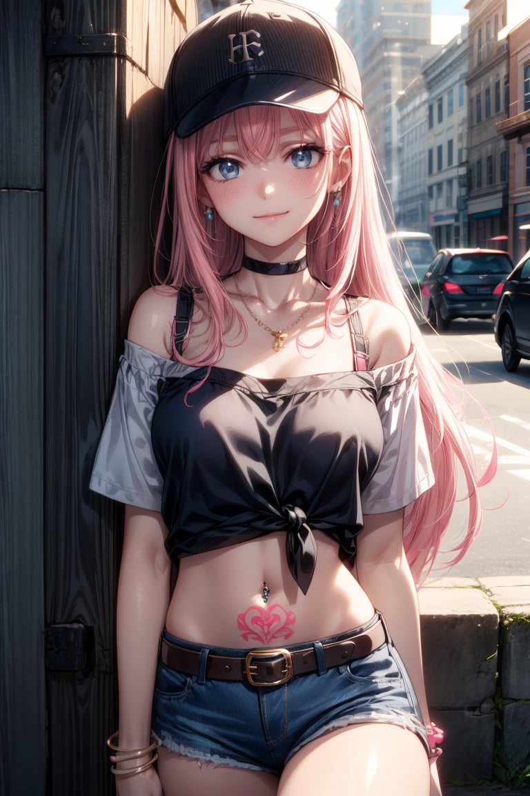 “A single girl with long pink hair, standing outdoors during the day. She has blue eyes and a blush, with a closed-mouth smile. She is wearing a white, off-shoulder crop top with short sleeves that reveals her midriff and navel, adorned with a navel piercing. Her shirt is tied at the front, and she’s wearing blue denim shorts with a belt and buckle, paired with a black bra that slightly shows under the crop top. She has medium-sized breasts and is looking directly at the viewer. Her hair partially covers her face, and she’s wearing a black baseball cap, with one hand resting on it. She is also wearing earrings, a choker, a necklace, and bracelets, along with a tattoo visible on her skin. Her nails are painted, and she has an ear piercing. The scene is bathed in sunlight, and the overall vibe is casual yet stylish.”
