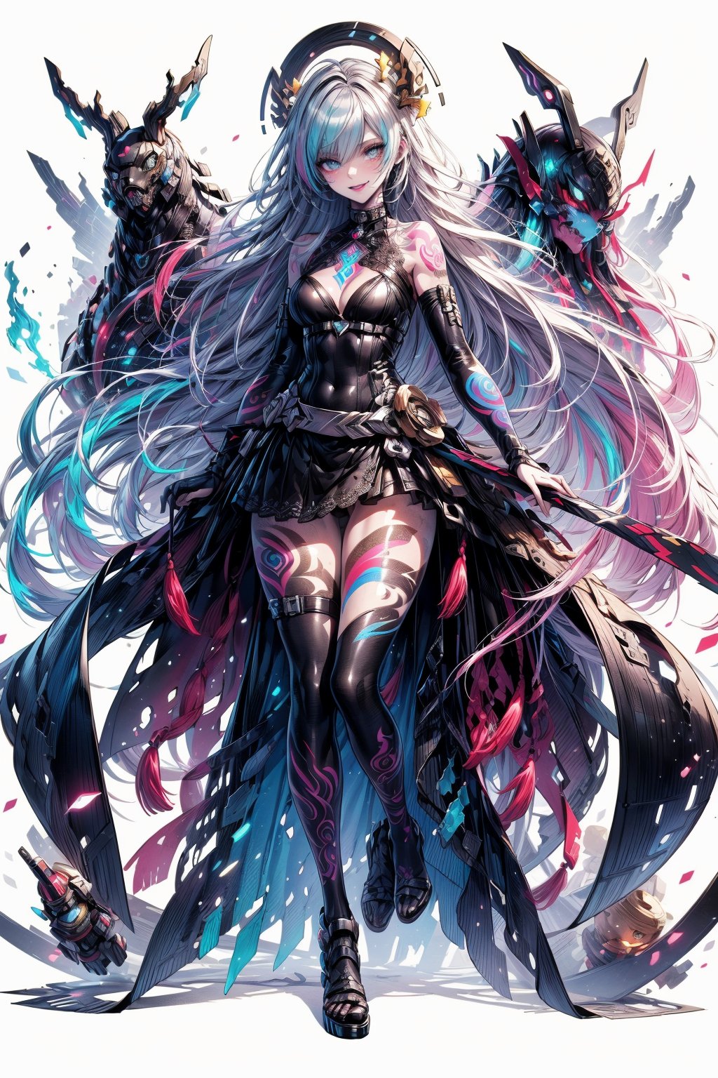 ((Masterpiece, Top Quality, High Resolution)), 8K, BLEACH: Cruel, Otherworldly Tales, Cruel, Evil, Fine Eyes: 1.3, BLEACH, Fine Face: 1.3, Blake, (((Colorful Hair: 1.3))), Blake, Accessories, (((Full Body Tribal Tattoo))), (Style: Epic Seven: 1 .3, Design by Ryu Fujisaki: 1.2))), (((Colorful and detailed Han-style costume & lace skirt))), Wearing Armor: 1.2, (((upskirt))), (((cute panties)))), D-cup cleavage, creature luminous, creepy, Re,. hellbound, very bright colors, light particles 1 .2, glowing light, Mshiff, wallpaper art, alexia_, inorganic life form, inorganic objects made of gold, red and white, UHD wallpaper cowboy shot, evil glow, evil laugh, Kiana Kasrana Yamato,.Rolopekka, noelledef ,. outfit-km,. yaemikodef monadef, kamisatoyakadef, Alexia