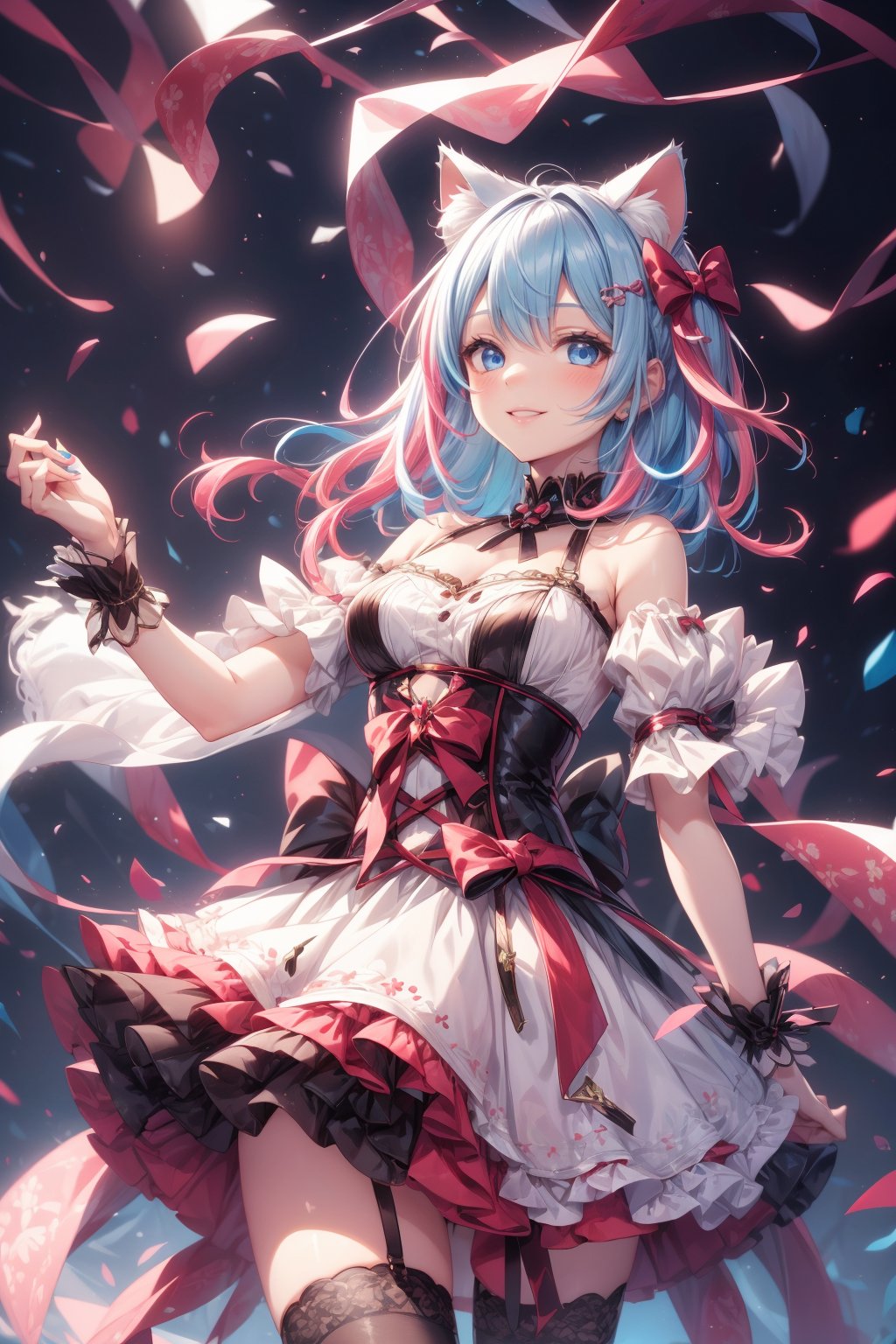 1girl, solo, breasts, looking at viewer, blush, smile, bangs, blue eyes, thighhighs, dress, bow, animal ears, bare shoulders, medium breasts, blue hair, standing, pink hair, hair bow, thighs, multicolored hair, cowboy shot, parted lips, sleeveless, black thighhighs, virtual youtuber, cat ears, hand up, medium hair, armpits, nail polish, white dress, two-tone hair, zettai ryouiki, animal ear fluff, wrist cuffs, short dress, extra ears, colored inner hair<lora:EMS-91280-EMS:1.000000