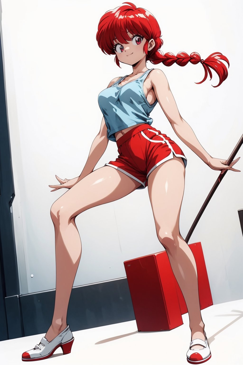 Masterpiece, best quality, high resolution, 8k, one girl, smiling, solo, simple background, red eyes, white background, braids, red hair, young girl figure, single braid, red clothes, white tank top, braided ponytail, abdomen, E cup, retro art style, no socks, Tang Zhuang, Ranma-chan, kung fu shoes, black short shorts, pose change, full body