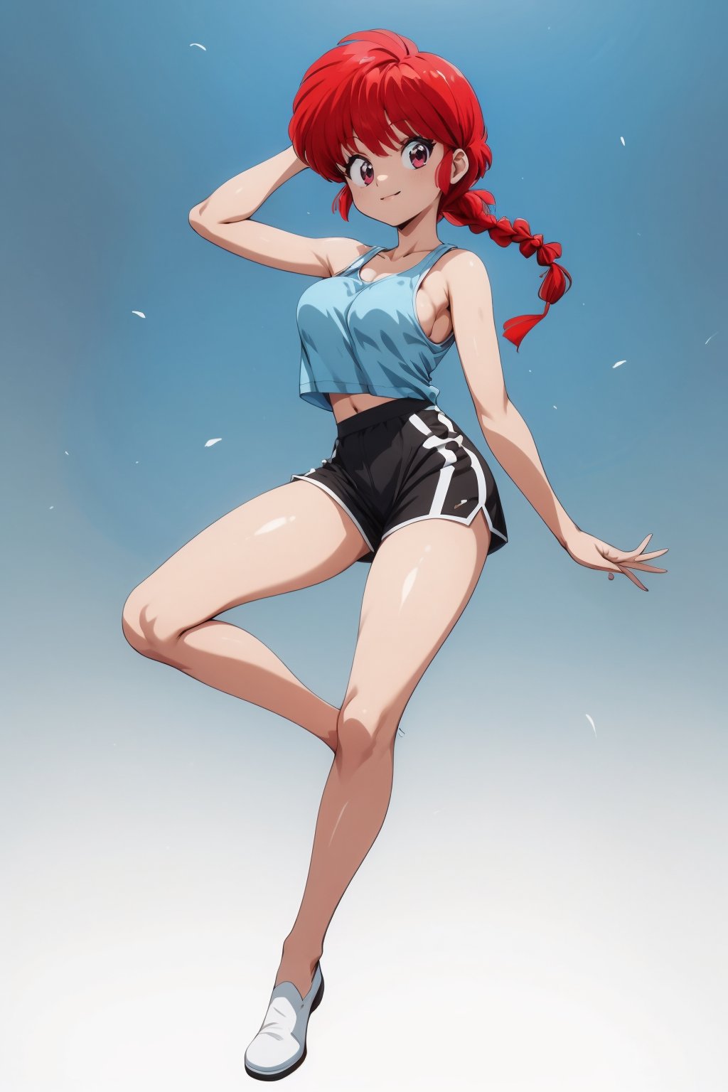 Masterpiece, highest quality, high resolution, 8k, one girl, smiling, solo, simple background, big eyes, red eyes, white background, braids, red hair, young girl figure, single braid: 1.5, red clothes, white tank top, braid ponytail, abdomen, E cup, retro art style, no socks: 1.2, Tang Zhuang, Ranma-chan, (kung fu shoes: 1.1) black shorts, pose change, full body,