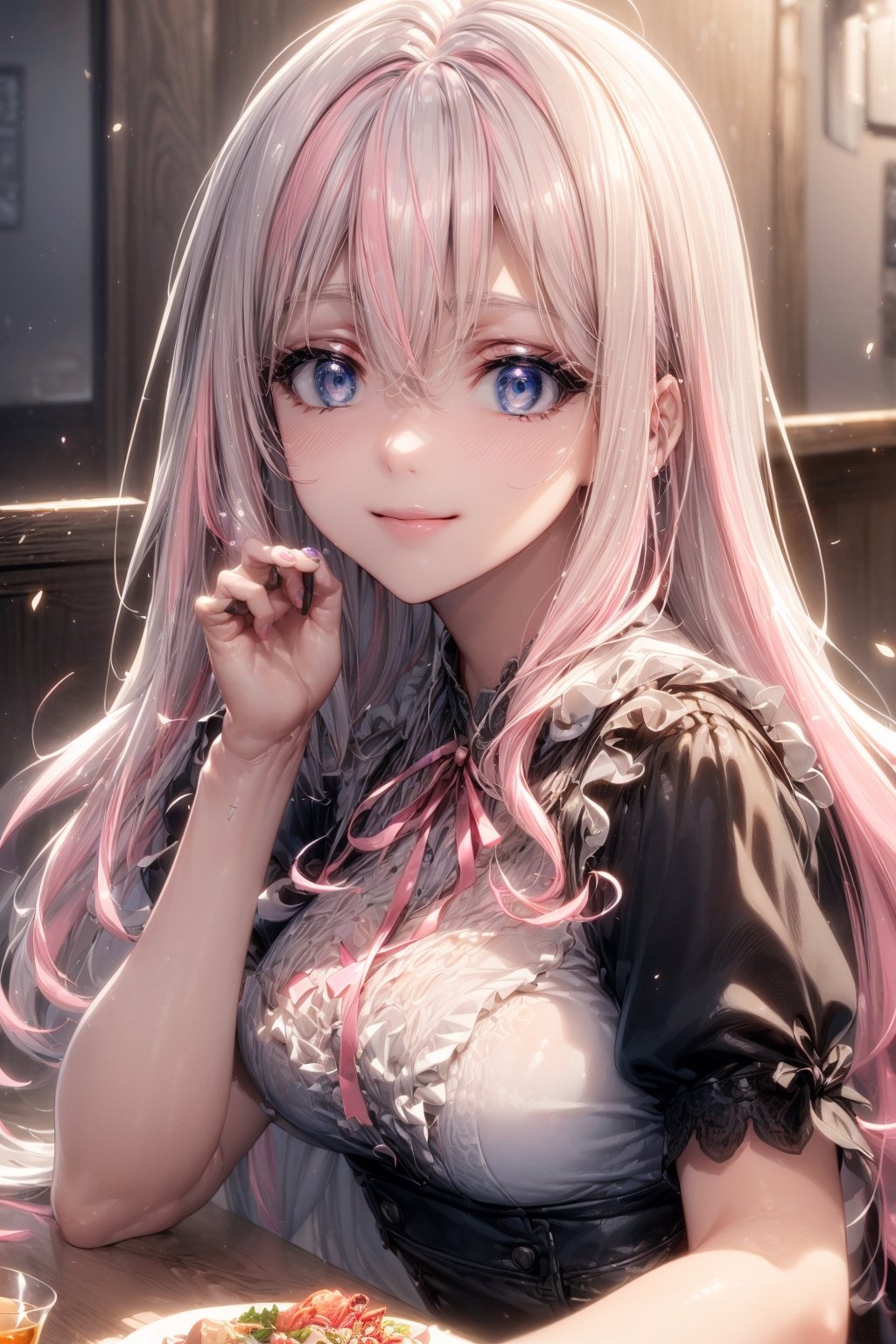 ((Top quality, masterpiece, best quality, super detailed, high resolution, HDR, Unity 16K wallpaper, high resolution CG, beautiful details, depth, fine grain, super fine, vivid)), epic seven style, detailed face, detailed eyes, Blake, glowing hair, (white hair, inner hair pink), (inner hair pink), super long hair, gradient hair color, ((two-tone hair color 1.5)), Blake, high resolution hair, cutely arranged long hair, (big smile), accessories, cute jacket, ((y2k ruffle shirt with ribbon)), Blake, high waist pleated mini skirt, (stocking details)), medium bust, Blake, ((cute pose change)), very bright colors, orange light, particles, orange particles, close-up, otherworldly izakaya, food on table, alcohol, inside the store, sitting on chair, extra details, Nier anime color