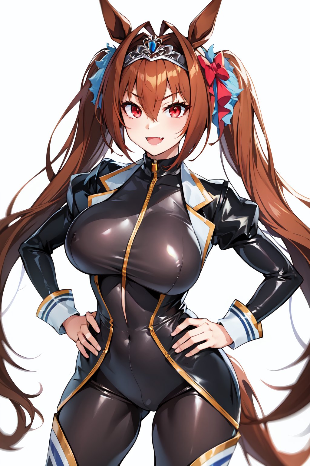 masterpiece, best quality, highres, 1girl, solo, standing, hands on hip, looking at viewer, large breasts, rubbersuit02, glossy suit, bodysuit, latex, smile, simple background, white background, daiwa scarlet (umamusume), horse ears, long hair, twintails, tiara, horse tail, very long hair, brown hair, large breasts, fang, red eyes, bangs, hair between eyes, hair bow, 