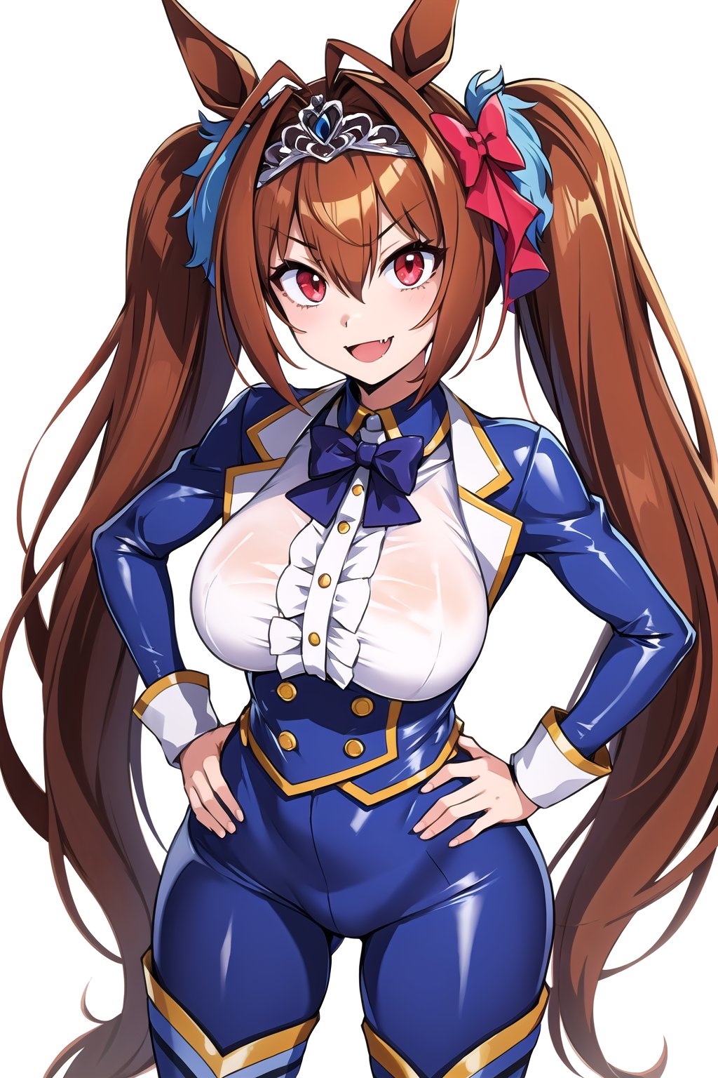 masterpiece, best quality, highres, 1girl, solo, standing, hands on hip, looking at viewer, large breasts, rubbersuit02, glossy suit, bodysuit, latex, smile, simple background, white background, daiwa scarlet (umamusume), horse ears, long hair, twintails, tiara, horse tail, very long hair, brown hair, large breasts, fang, red eyes, bangs, hair between eyes, hair bow