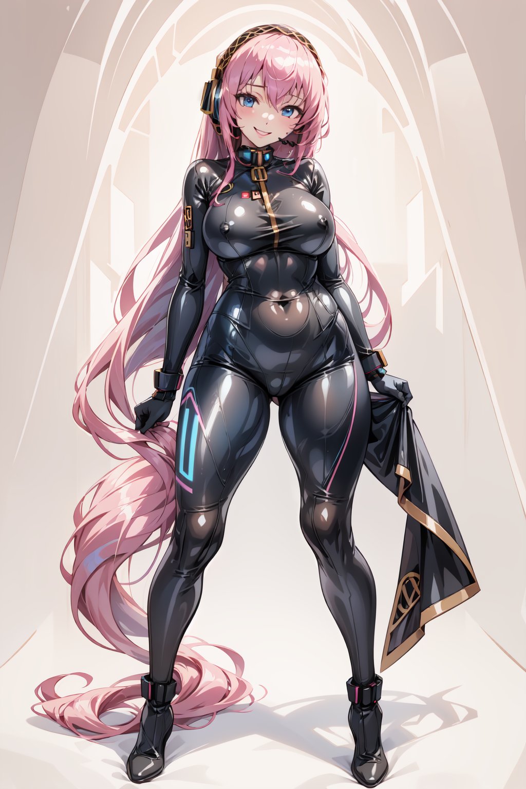 masterpiece, best quality, highres, 1girl, solo, standing, looking at viewer, large breasts, rubbersuit, latex suit, rubber suit, bodysuit, smile, simple background, white background, megurine luka, long hair, headset, blue eyes, hair between eyes, pink hair, headphones