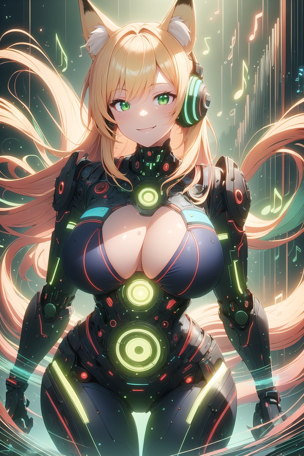 masterpiece, best quality, highres, soundwavetech, scifi, digital music, glowing frequencies, 1girl, solo, standing, looking at viewer, curvy body, large breasts, yellow hair, long hair, fox ears, fox tail, smile, green eyes