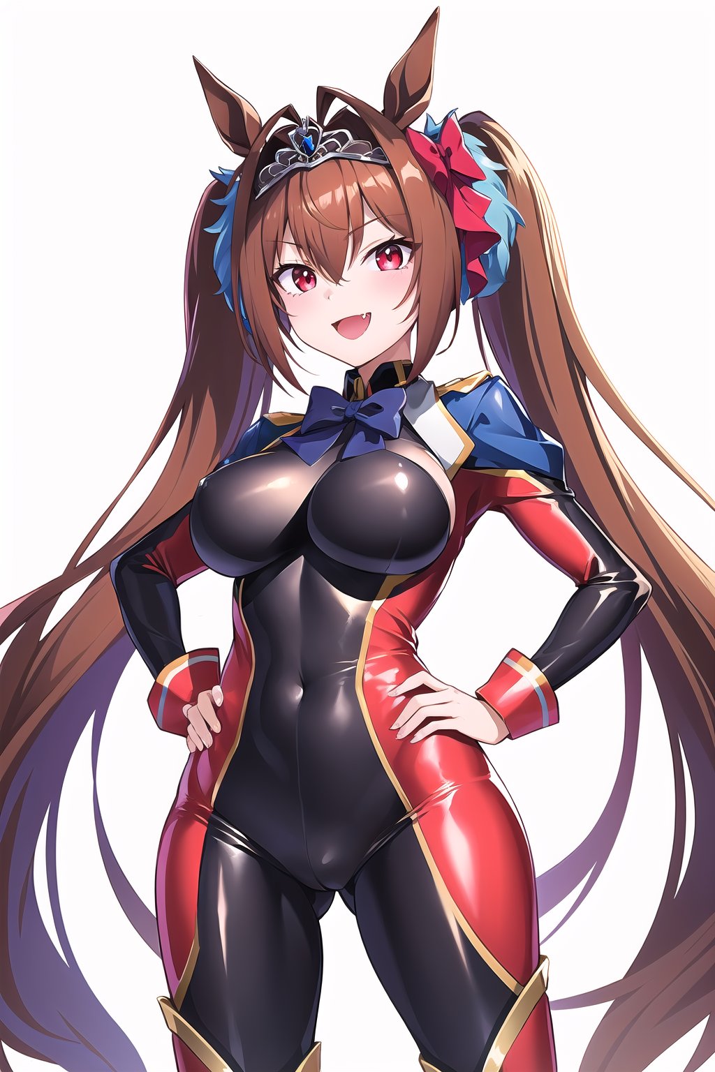 masterpiece, best quality, highres, 1girl, solo, standing, hands on hip, looking at viewer, large breasts, rubbersuit02, glossy suit, bodysuit, latex, smile, simple background, white background, daiwa scarlet (umamusume), horse ears, long hair, twintails, tiara, horse tail, very long hair, brown hair, large breasts, fang, red eyes, bangs, hair between eyes, hair bow