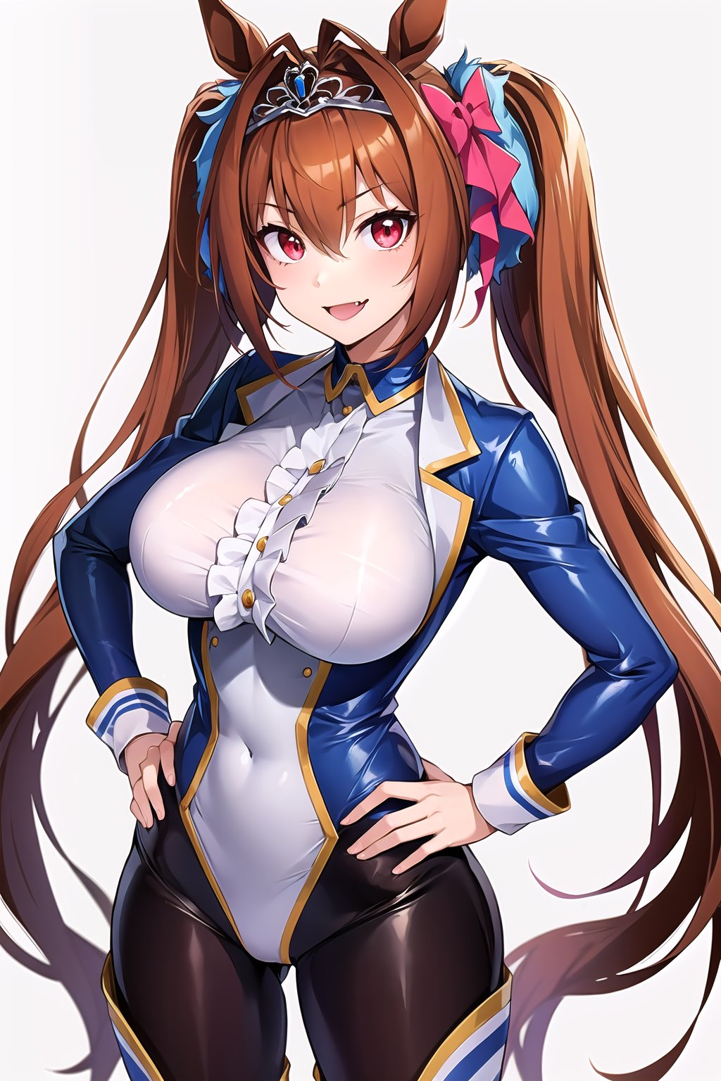 masterpiece, best quality, highres, 1girl, solo, standing, hands on hip, looking at viewer, large breasts, rubbersuit02, glossy suit, bodysuit, latex, smile, simple background, white background, daiwa scarlet (umamusume), horse ears, long hair, twintails, tiara, horse tail, very long hair, brown hair, large breasts, fang, red eyes, bangs, hair between eyes, hair bow, 