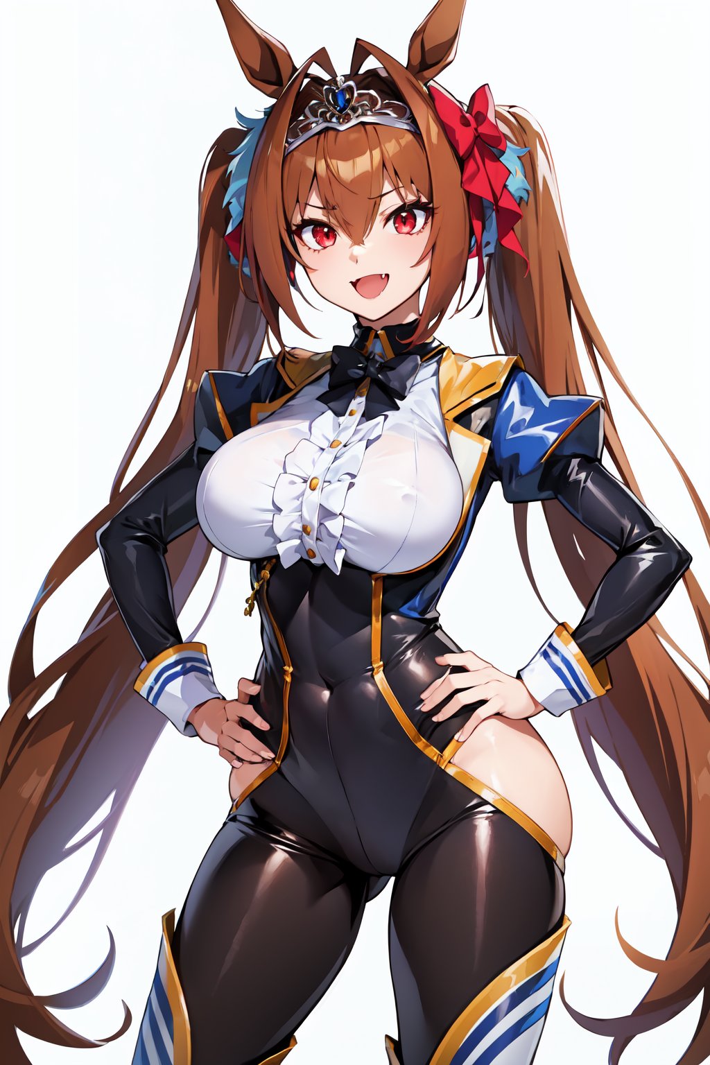 masterpiece, best quality, highres, 1girl, solo, standing, hands on hip, looking at viewer, large breasts, rubbersuit02, glossy suit, bodysuit, latex, smile, simple background, white background, daiwa scarlet (umamusume), horse ears, long hair, twintails, tiara, horse tail, very long hair, brown hair, large breasts, fang, red eyes, bangs, hair between eyes, hair bow, 
