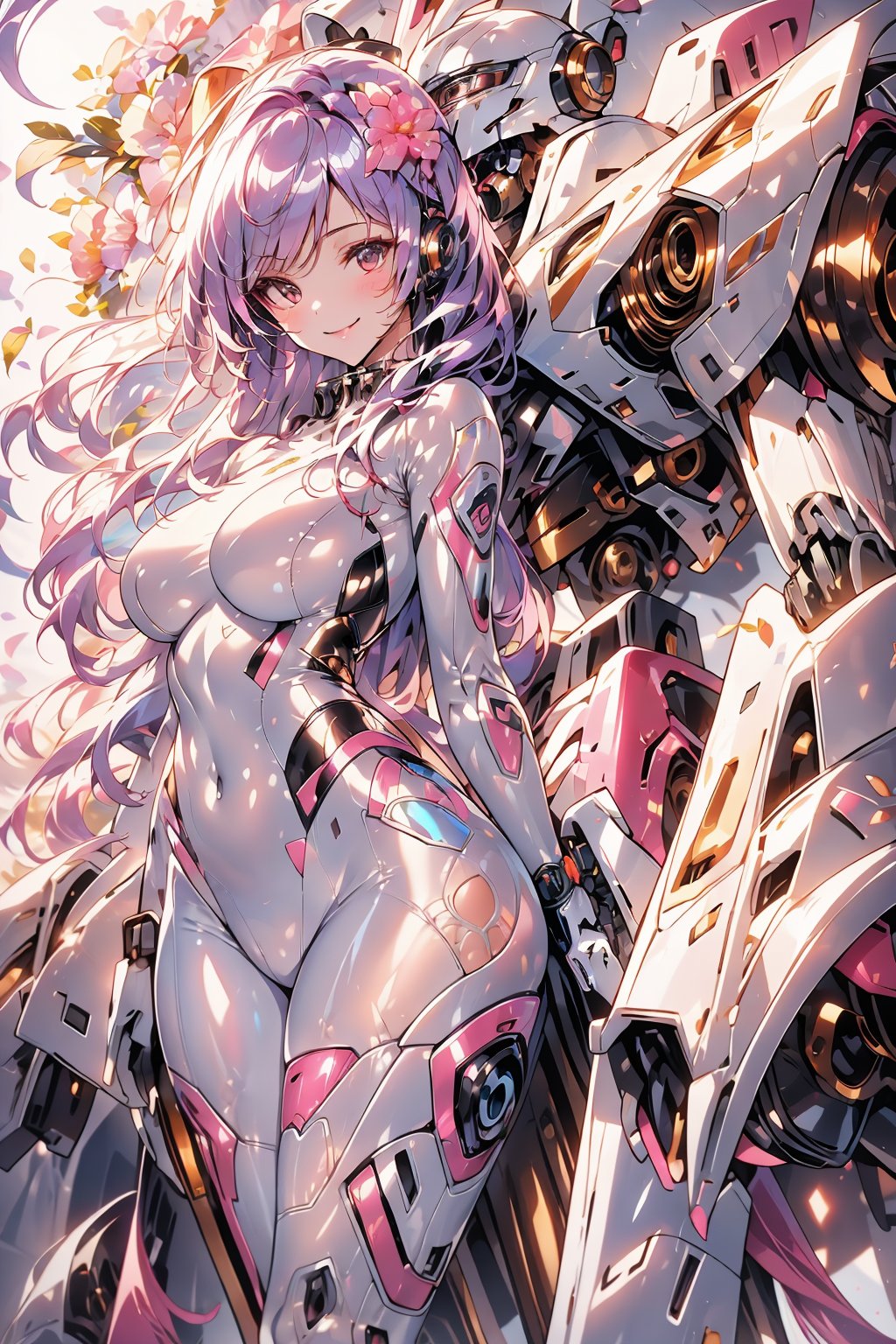 masterpiece, best quality, highres, 1girl, solo, standing, looking at viewer, large breasts, purple hair, long hair, rubbersuit, latex suit, rubber suit, bodysuit, smile, black eyes, simple background, white background, mecha