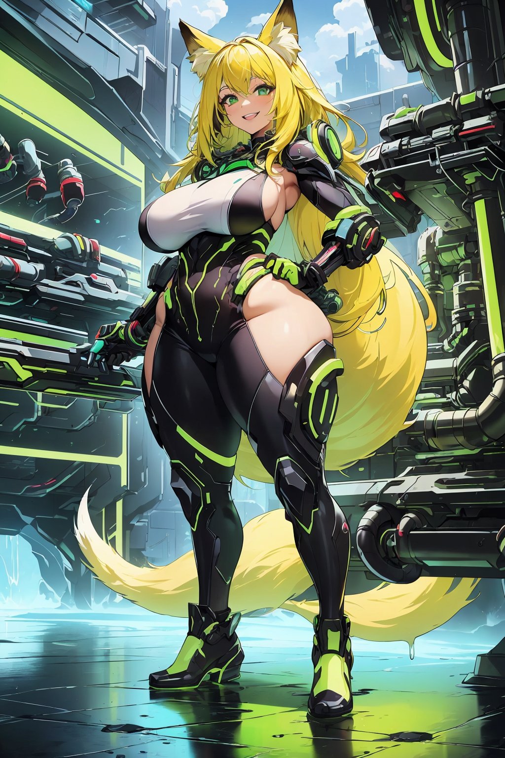 masterpiece, best quality, highres, edrinktech, scifi, energy drink, fluid pipes, florescent fluid, 1girl, solo, standing, looking at viewer, curvy body, large breasts, yellow hair, long hair, fox ears, fox tail, smile, green eyes
