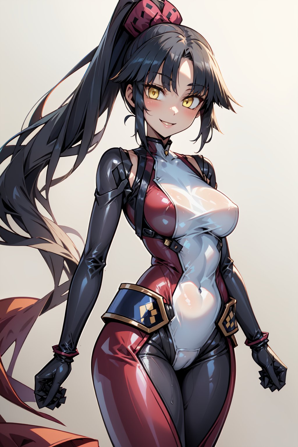 masterpiece, best quality, highres, 1girl, solo, standing, looking at viewer, large breasts, rubbersuit, latex suit, rubber suit, bodysuit, smile, simple background, white background, danzou katou, android, black hair, long hair, ponytail, (yellow eyes:1.5)