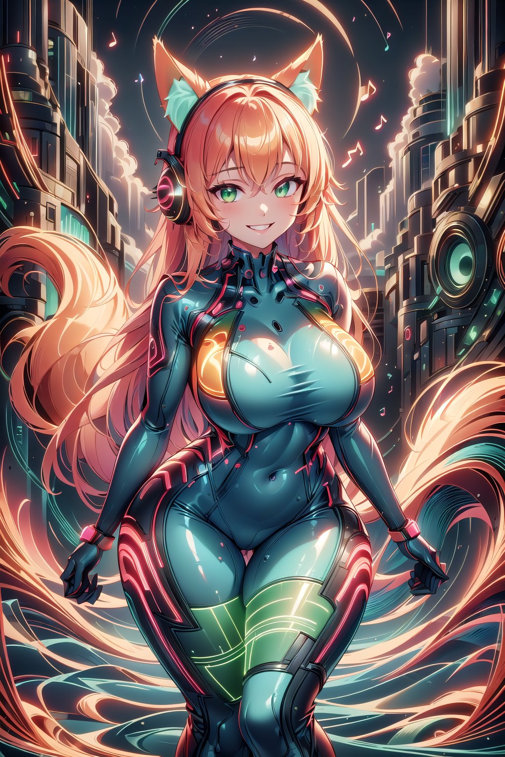 masterpiece, best quality, highres, soundwavetech, scifi, digital music, glowing frequencies, 1girl, solo, standing, looking at viewer, curvy body, large breasts, yellow hair, long hair, fox ears, fox tail, rubbersuit, latex suit, rubber suit, bodysuit, smile, green eyes