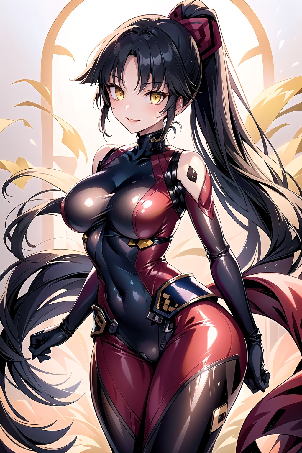 masterpiece, best quality, highres, 1girl, solo, standing, looking at viewer, large breasts, rubbersuit, latex suit, rubber suit, bodysuit, smile, simple background, white background, danzou katou, android, black hair, long hair, ponytail, (yellow eyes:1.5)