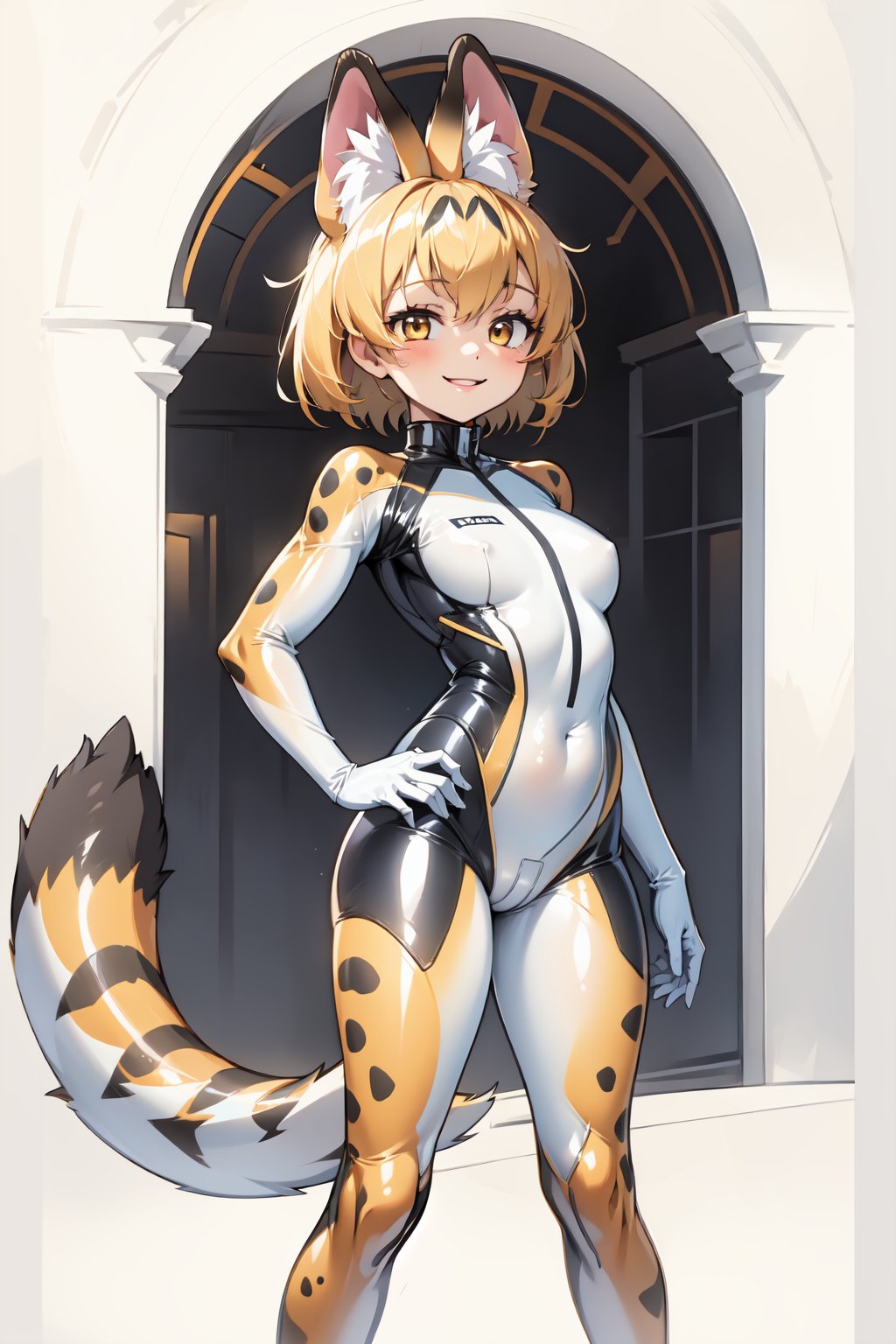 masterpiece, best quality, highres, 1girl, solo, standing, looking at viewer, rubbersuit, latex suit, rubber suit, bodysuit, smile, simple background, white background, serval, animal ears, short hair, serval print, tail, bow, gloves