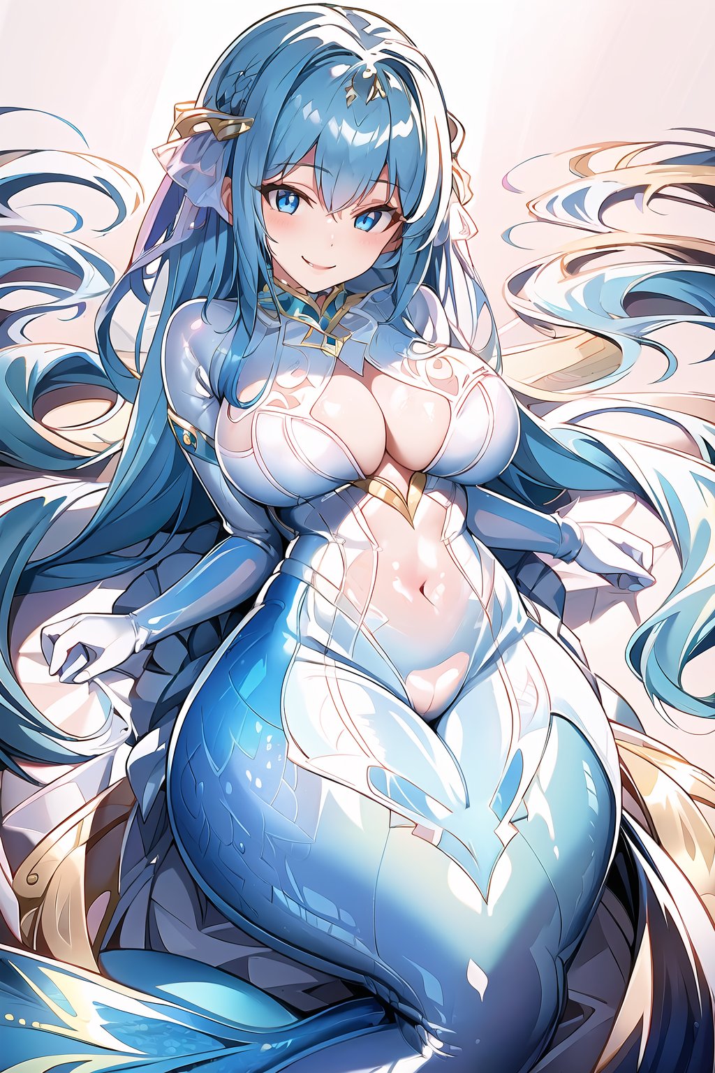 masterpiece, best quality, highres, 1girl, solo, looking at viewer, large breasts, rubbersuit, latex suit, rubber suit, bodysuit, smile, simple background, white background, CoralVG, mermaid, blue hair, blue eyes