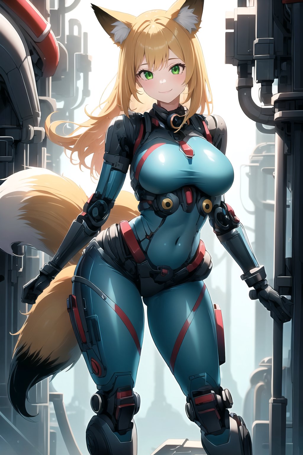 masterpiece, best quality, highres, plasttech, scifi, synthetic, transparent, 1girl, solo, standing, looking at viewer, curvy body, large breasts, yellow hair, long hair, fox ears, fox tail, smile, green eyes