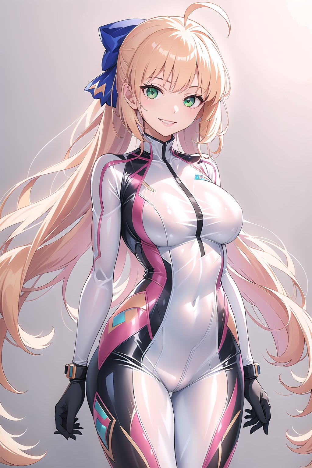 masterpiece, best quality, highres, 1girl, solo, standing, looking at viewer, large breasts, rubbersuit, latex suit, rubber suit, bodysuit, smile, simple background, white background, cccaster, long hair, ahoge, hair bow, green eyes