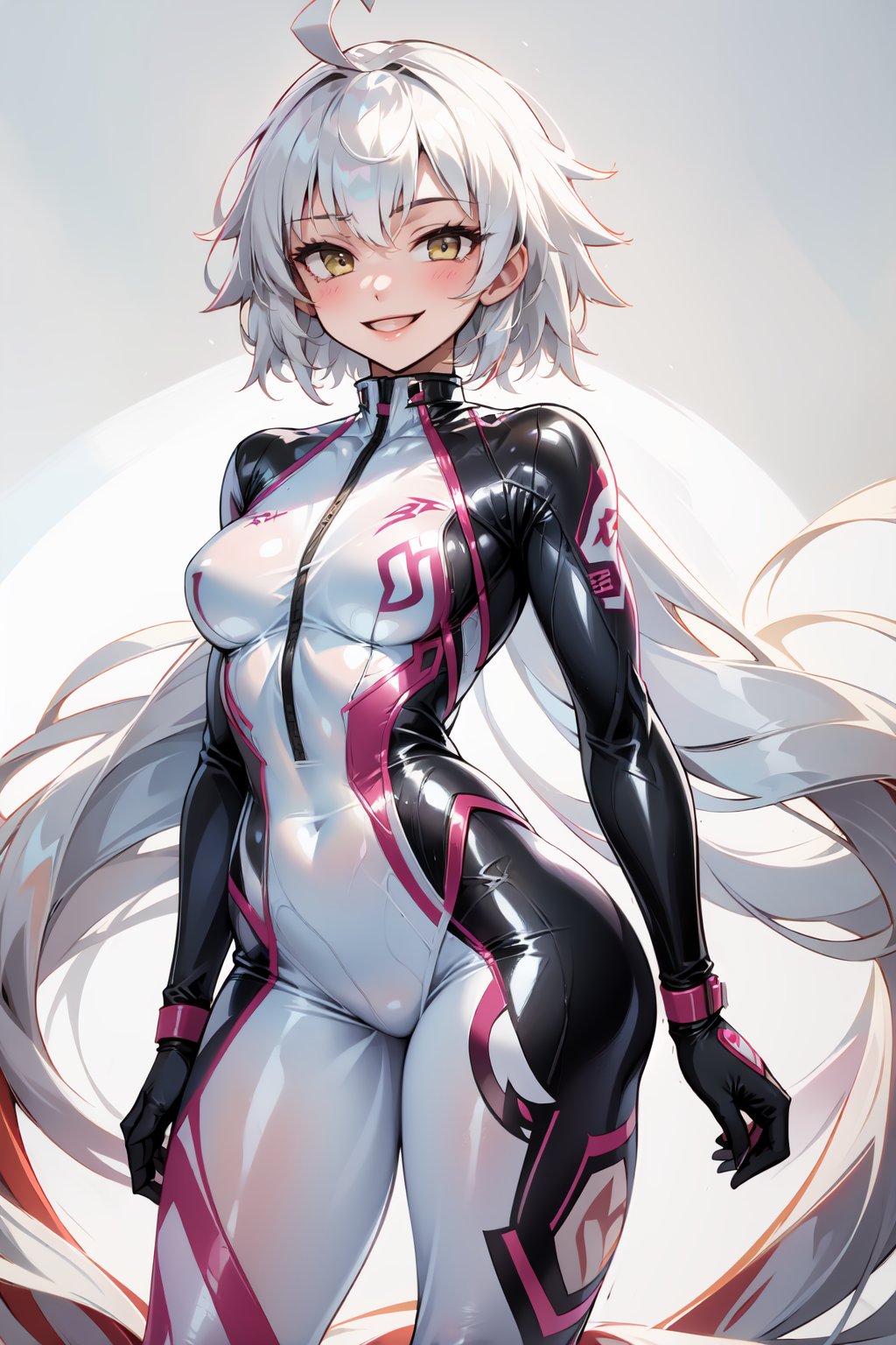 masterpiece, best quality, highres, 1girl, solo, standing, looking at viewer, medium breasts, rubbersuit, latex suit, rubber suit, bodysuit, shrug \(clothing\), cropped jacket, smile, simple background, white background, jeannebrskr, ahoge