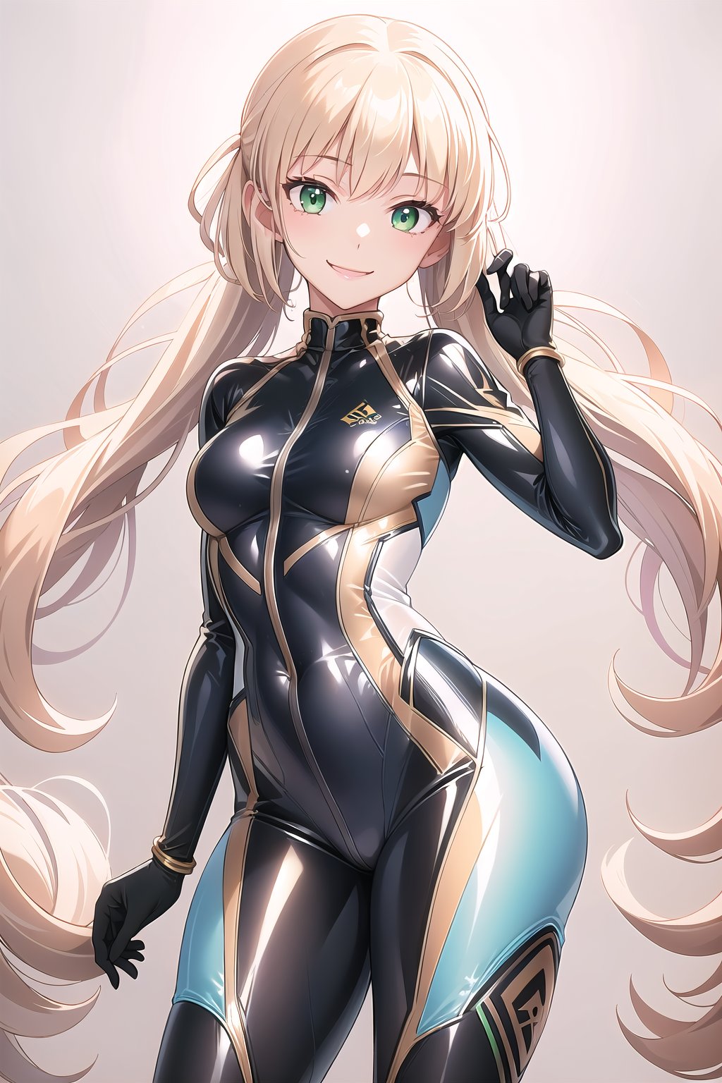 masterpiece, best quality, highres, 1girl, solo, standing, looking at viewer, rubbersuit, latex suit, rubber suit, bodysuit, smile, simple background, white background, bbcaster, long hair, twintails, green eyes