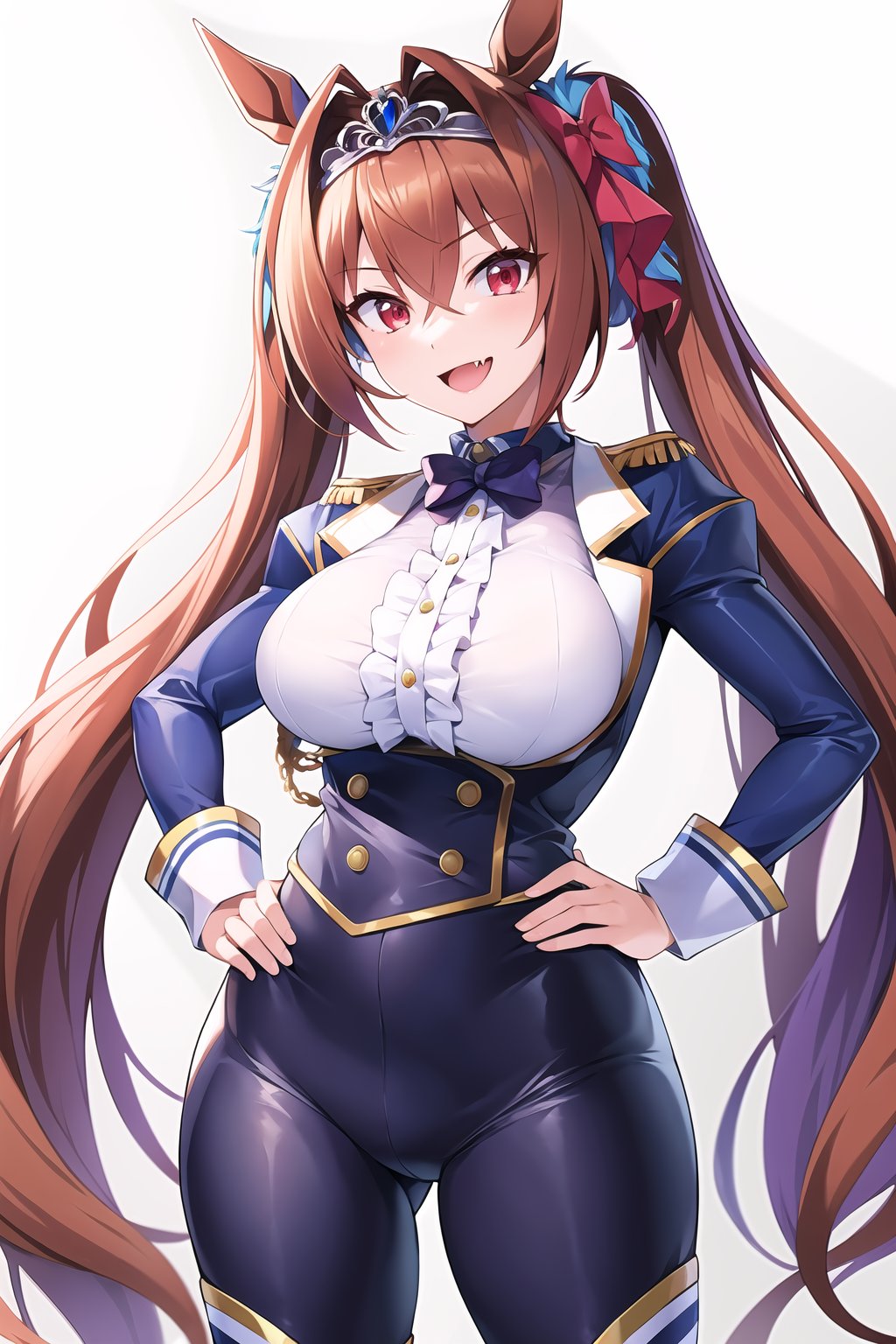 masterpiece, best quality, highres, 1girl, solo, standing, hands on hip, looking at viewer, large breasts, rubbersuit02, glossy suit, bodysuit, latex, smile, simple background, white background, daiwa scarlet (umamusume), horse ears, long hair, twintails, tiara, horse tail, very long hair, brown hair, large breasts, fang, red eyes, bangs, hair between eyes, hair bow, 