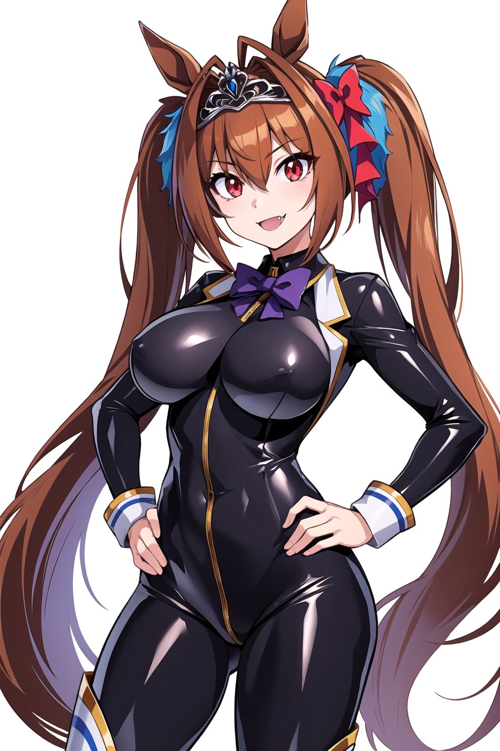 masterpiece, best quality, highres, 1girl, solo, standing, hands on hip, looking at viewer, large breasts, rubbersuit02, glossy suit, bodysuit, latex, smile, simple background, white background, daiwa scarlet (umamusume), horse ears, long hair, twintails, tiara, horse tail, very long hair, brown hair, large breasts, fang, red eyes, bangs, hair between eyes, hair bow