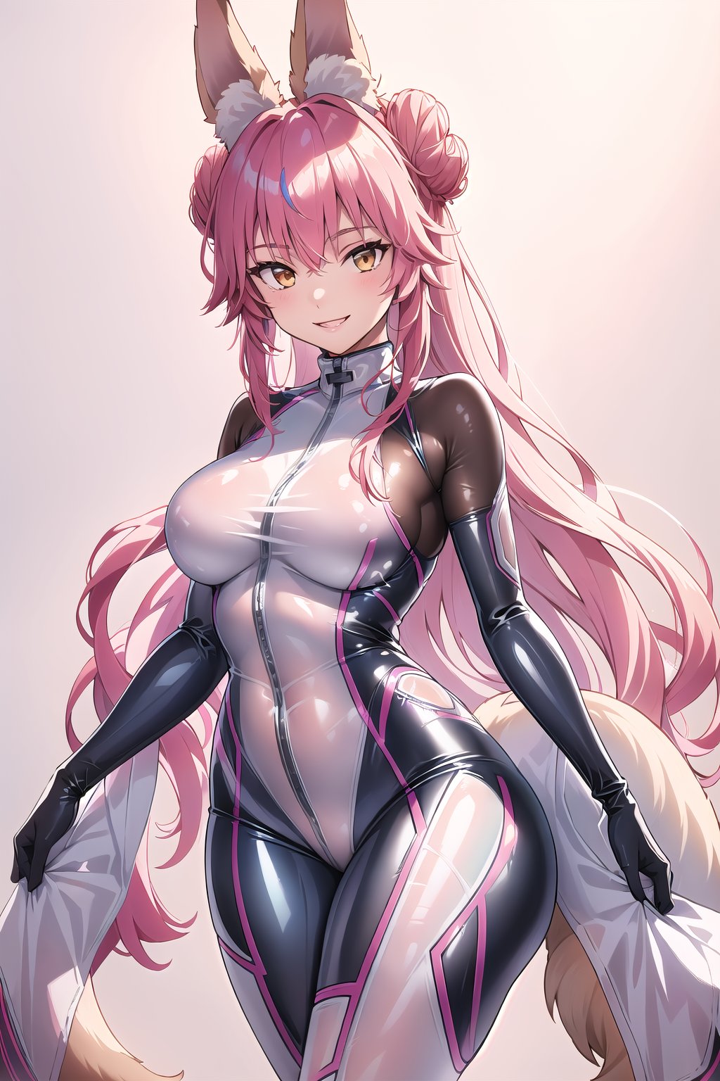 masterpiece, best quality, highres, 1girl, solo, standing, looking at viewer, large breasts, rubbersuit, latex suit, rubber suit, bodysuit, smile, simple background, white background, bbkoyans, long hair, double bun, fox ears