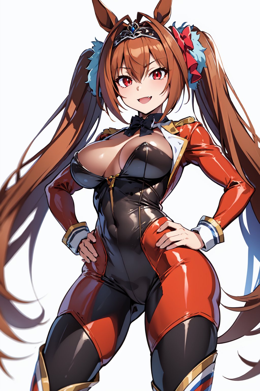 masterpiece, best quality, highres, 1girl, solo, standing, hands on hip, looking at viewer, large breasts, rubbersuit02, glossy suit, bodysuit, latex, smile, simple background, white background, daiwa scarlet (umamusume), horse ears, long hair, twintails, tiara, horse tail, very long hair, brown hair, large breasts, fang, red eyes, bangs, hair between eyes, hair bow, 