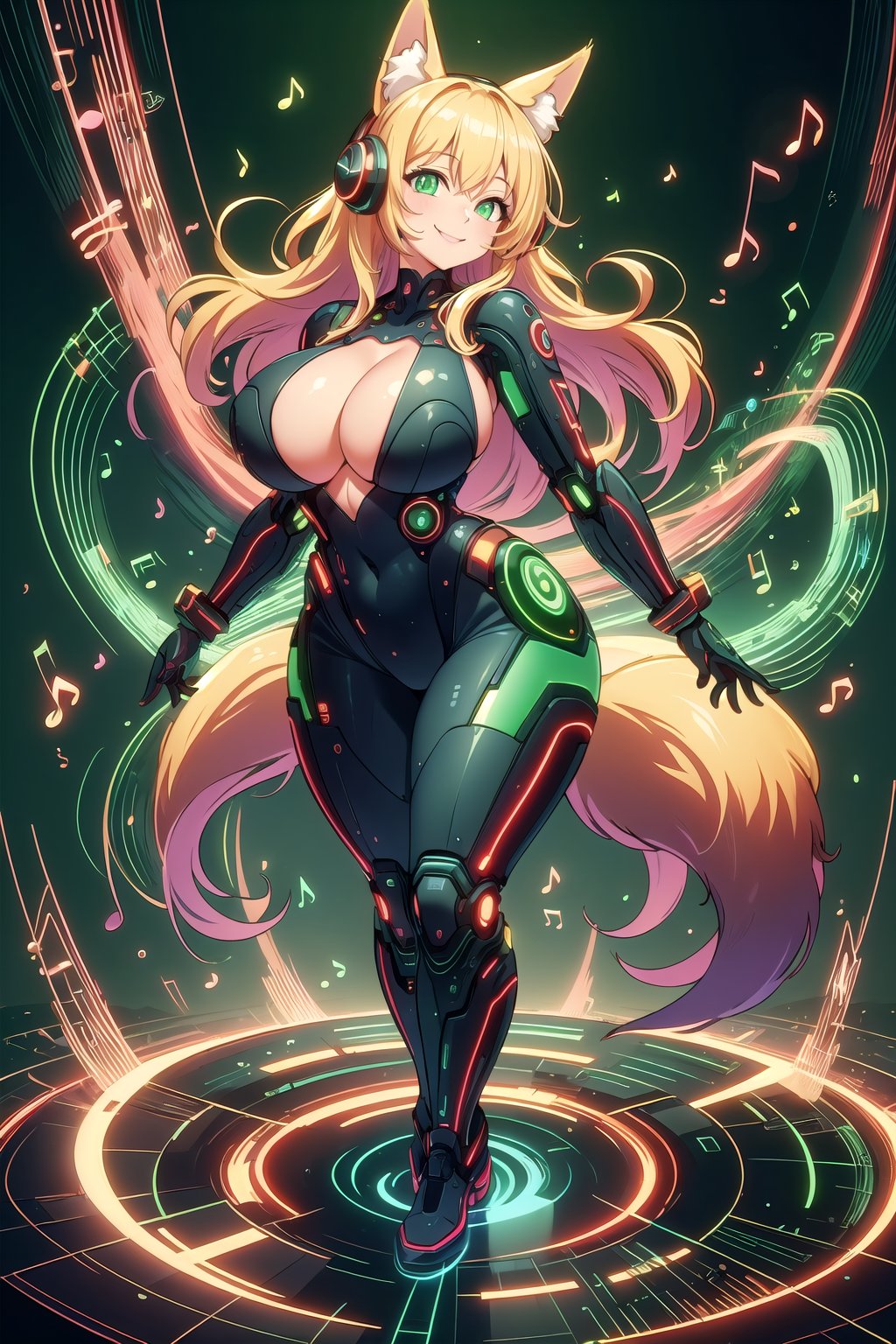 masterpiece, best quality, highres, soundwavetech, scifi, digital music, glowing frequencies, 1girl, solo, standing, looking at viewer, curvy body, large breasts, yellow hair, long hair, fox ears, fox tail, smile, green eyes