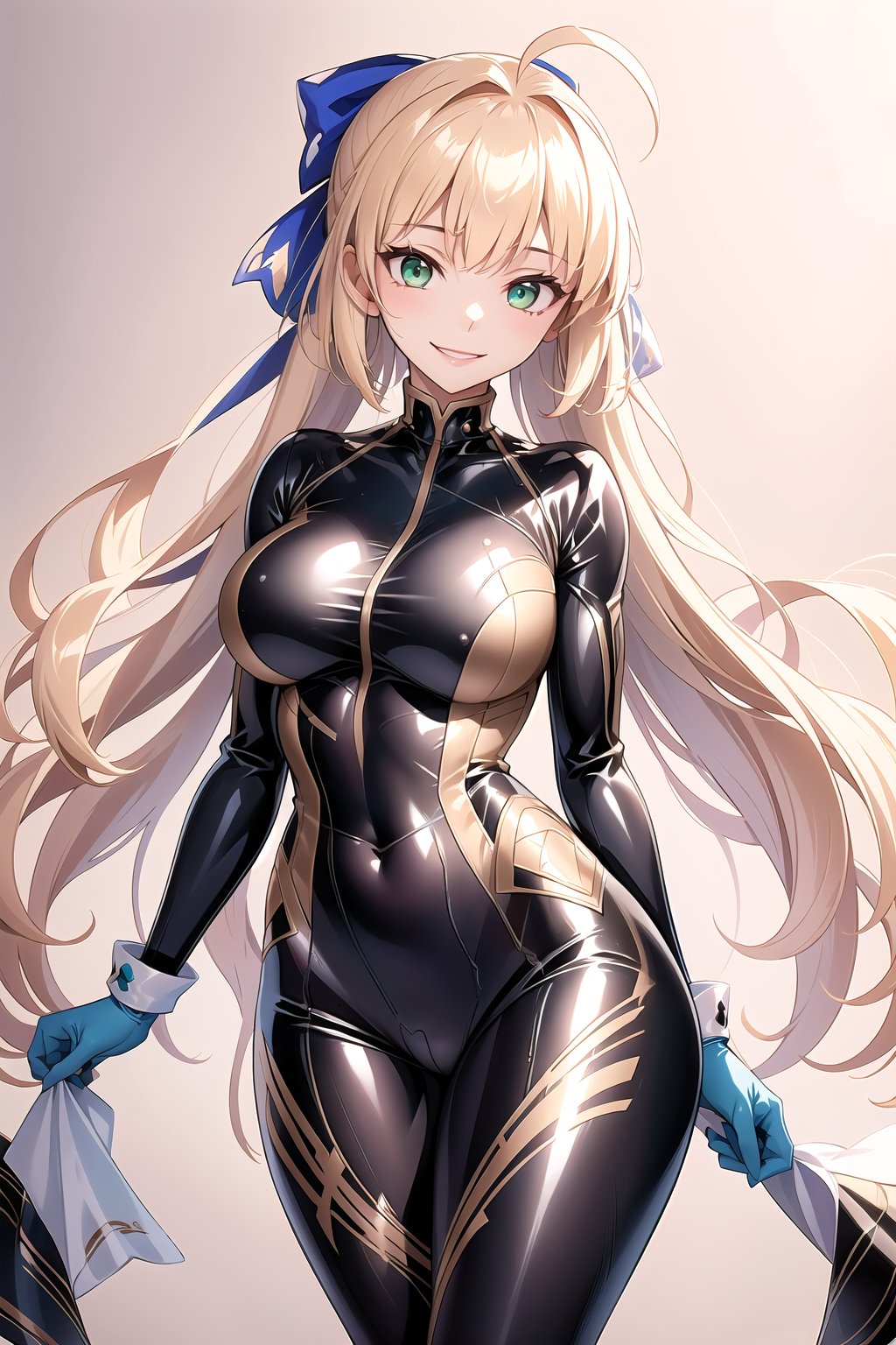 masterpiece, best quality, highres, 1girl, solo, standing, looking at viewer, large breasts, rubbersuit, latex suit, rubber suit, bodysuit, smile, simple background, white background, cccaster, long hair, ahoge, hair bow, green eyes